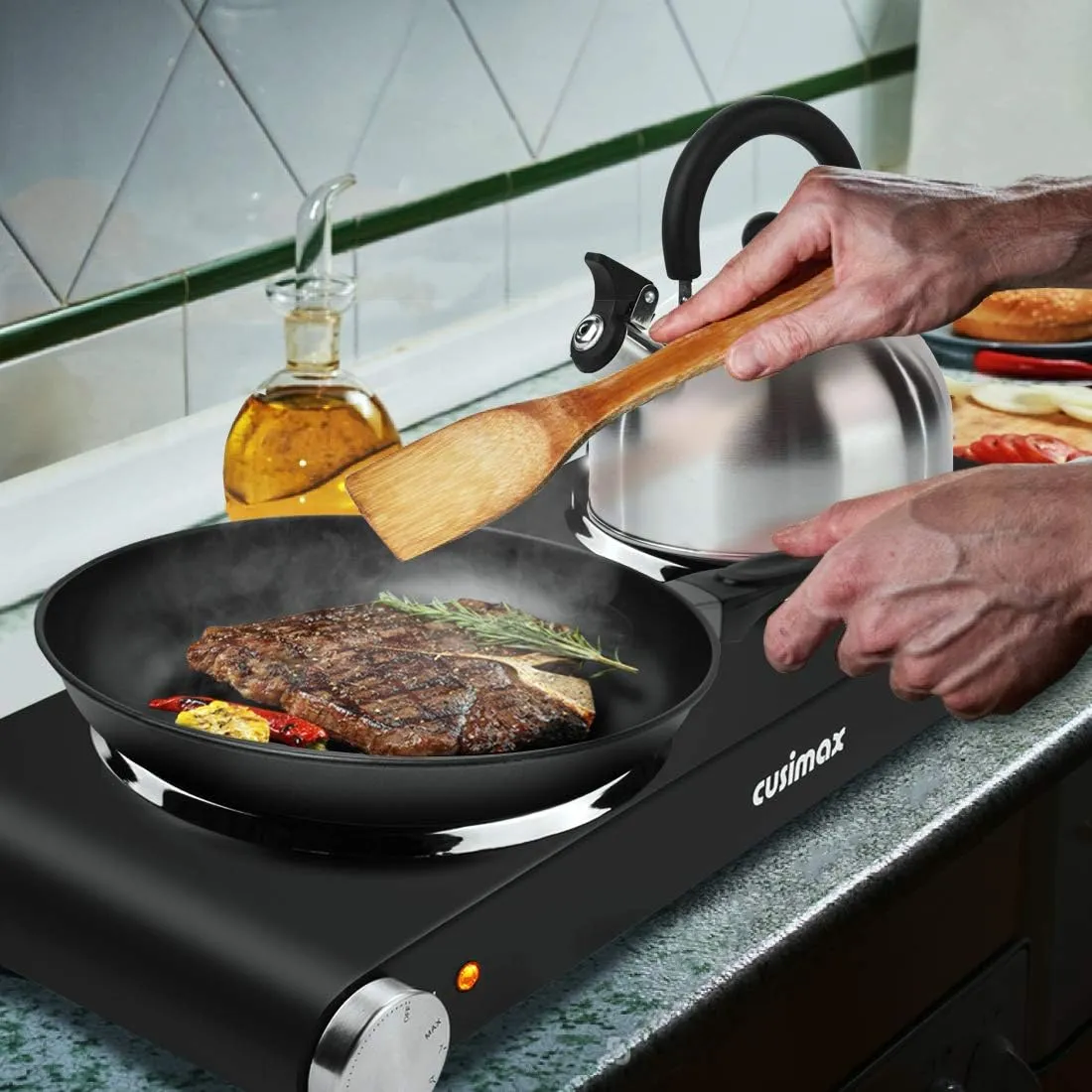 CUSIMAX Double Hot Plates Electric Burner, 1800W Countertop Cooktop with Adjustable Temperature Control, Hot Plates for Cooking Portable Electric Stove, Black Stainless Steel Cooktop, Upgraded Version