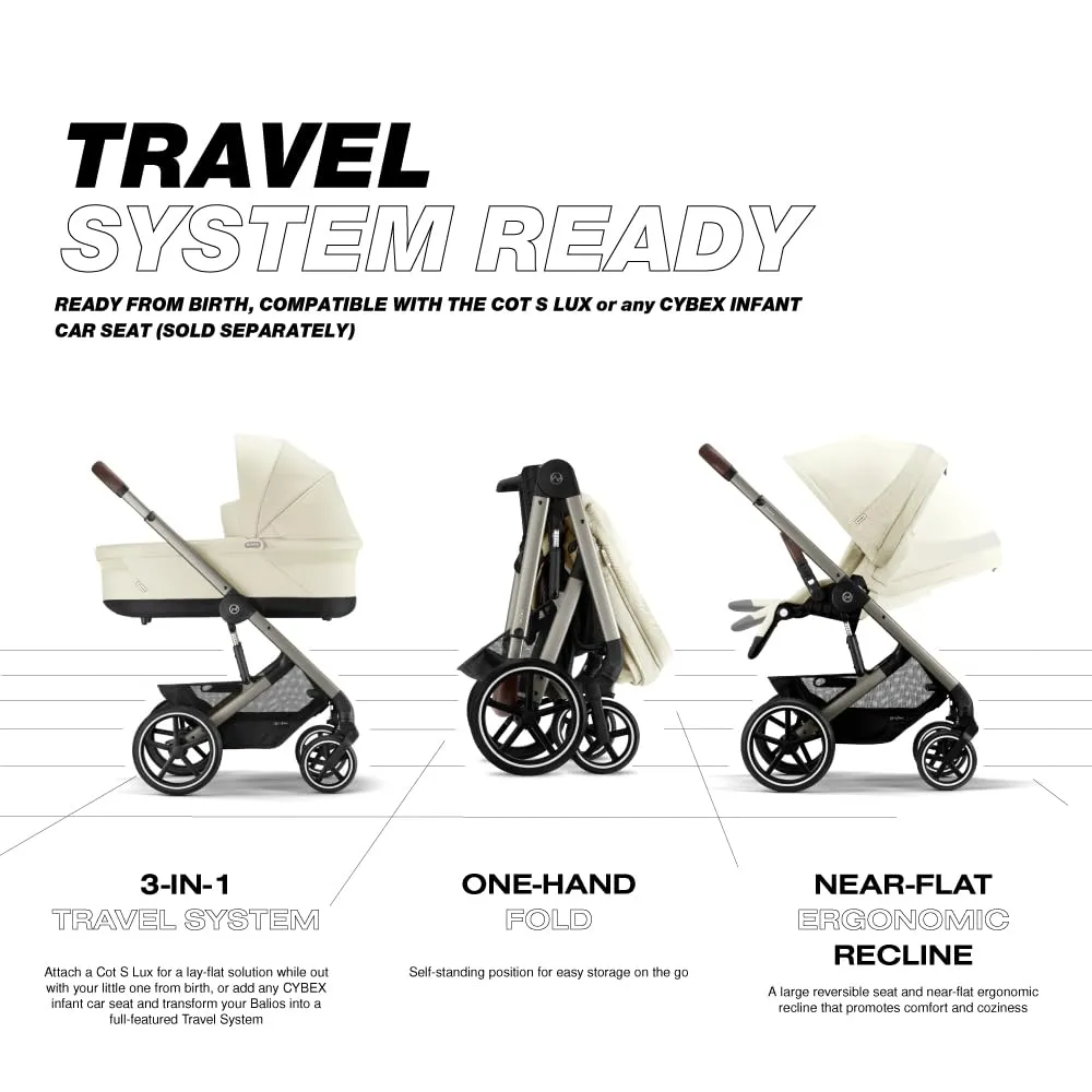 Cybex Balios S Lux Toddler and Baby Stroller with Reversible Seat, Unique One-Pull Harness, and Multiple Recline - Travel System Ready, with One Hand Fold, Taupe Frame/Seashell Beige Seat