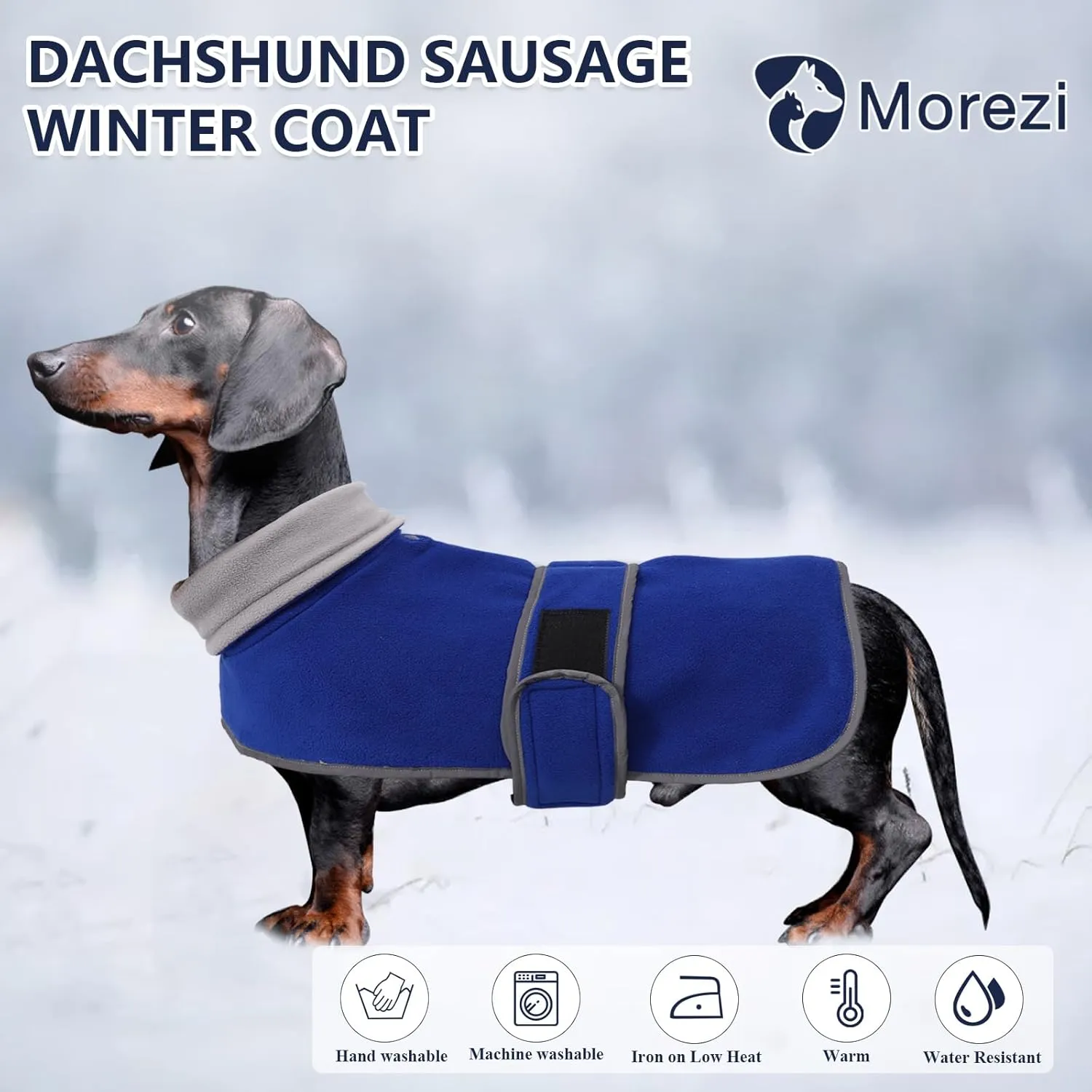 Dachshund Coats Sausage Dog Fleece Coat in Winter Miniature Dachshund Clothes with Hook and Loop Closure and high vis Reflective Trim Safety - Blue - S