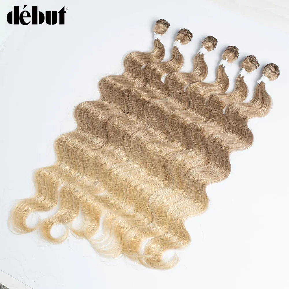 DÉBUT Body Wave 6 Bundles Synthetic Hair Long Wavy Ombre Blonde Hair 22 24 26 Inches 6Pcs High Temperature Fiber 300g for Full Head Synthetic Hair Weave Gradient Blond Color