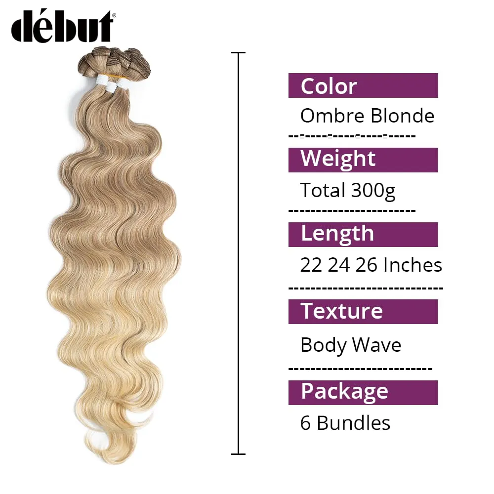 DÉBUT Body Wave 6 Bundles Synthetic Hair Long Wavy Ombre Blonde Hair 22 24 26 Inches 6Pcs High Temperature Fiber 300g for Full Head Synthetic Hair Weave Gradient Blond Color
