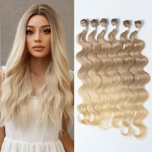 DÉBUT Body Wave 6 Bundles Synthetic Hair Long Wavy Ombre Blonde Hair 22 24 26 Inches 6Pcs High Temperature Fiber 300g for Full Head Synthetic Hair Weave Gradient Blond Color