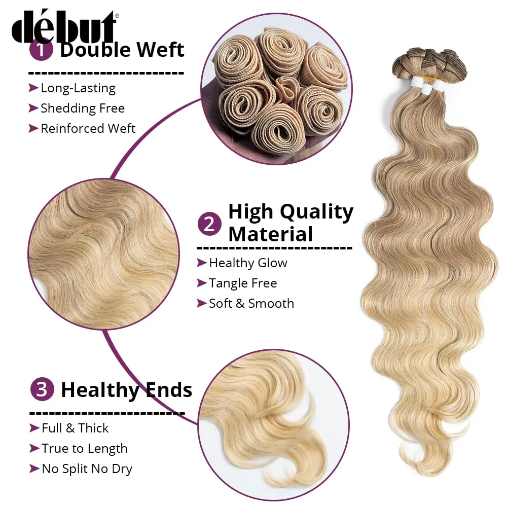 DÉBUT Body Wave 6 Bundles Synthetic Hair Long Wavy Ombre Blonde Hair 22 24 26 Inches 6Pcs High Temperature Fiber 300g for Full Head Synthetic Hair Weave Gradient Blond Color