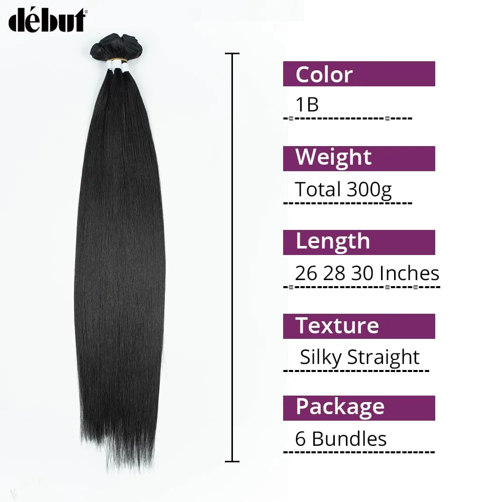 DÉBUT Long Straight Hair 6 Bundles 26 28 30 Inches High Temperature Fiber 300g for Full Head Synthetic Hair Weave 1B Color