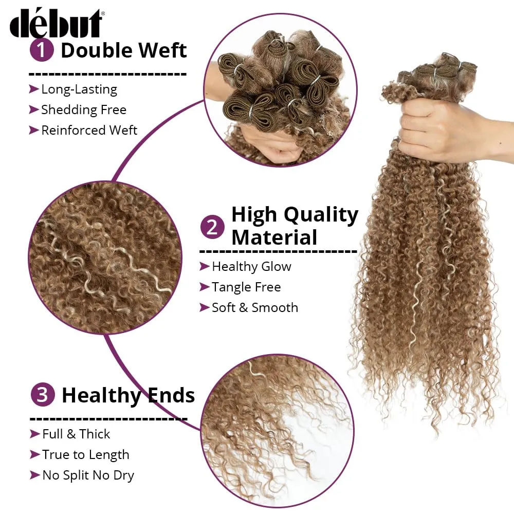 DÉBUT Synthetic Hair 7pcs Kinky Curly 22 24 26 Inches 6 Bundles Tight Curly Hair with 1pc Crochet Hair for Black Women Highlight Blonde Color