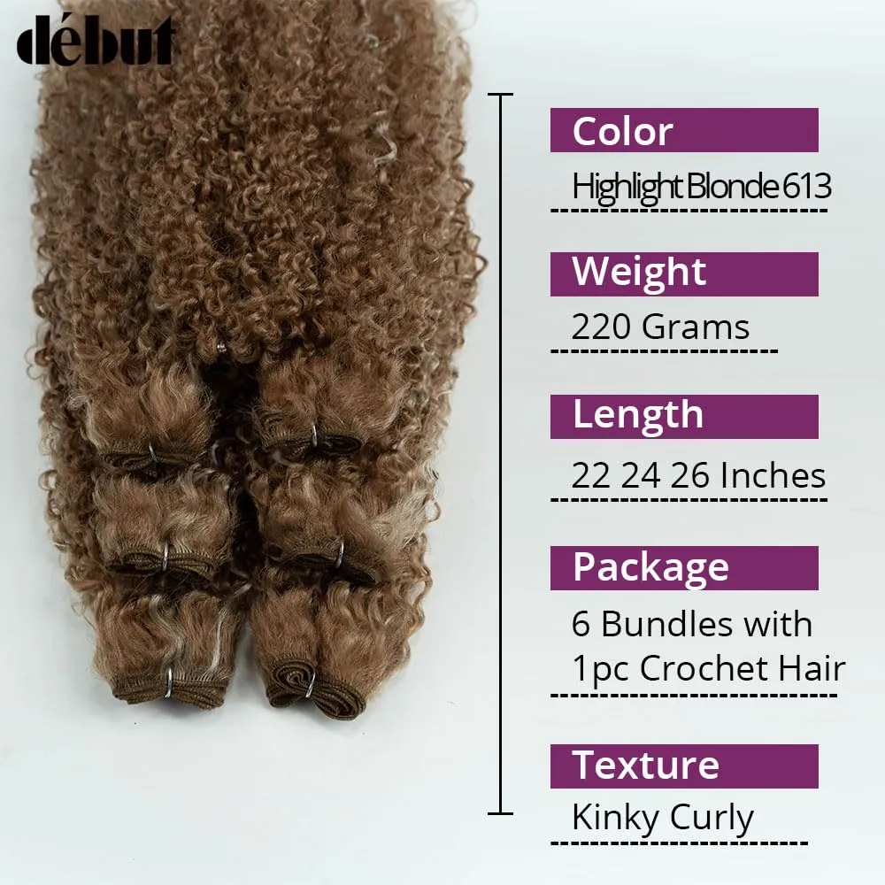 DÉBUT Synthetic Hair 7pcs Kinky Curly 22 24 26 Inches 6 Bundles Tight Curly Hair with 1pc Crochet Hair for Black Women Highlight Blonde Color