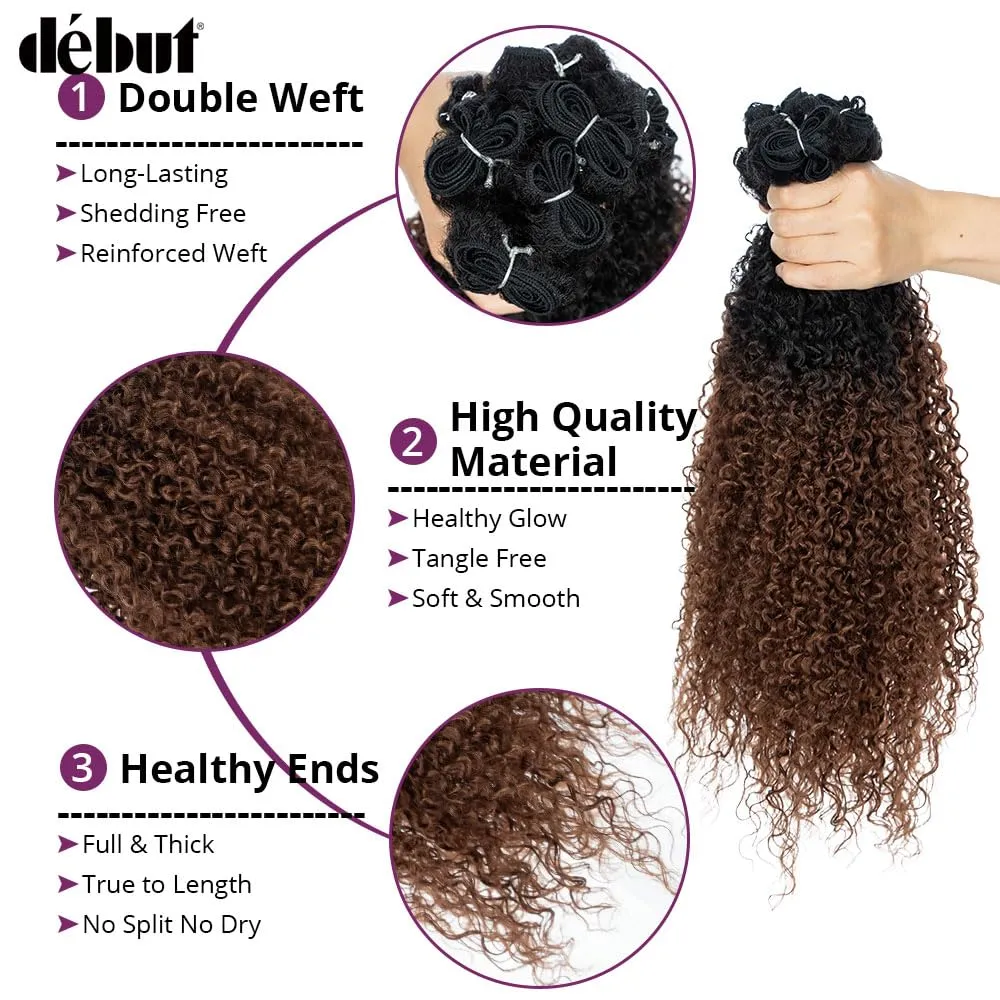 DÉBUT Synthetic Hair 7pcs Kinky Curly 22 24 26 Inches 6 Bundles Tight Curly Hair with 1pc Crochet Hair for Black Women Ombre 1B Auburn Brown Color