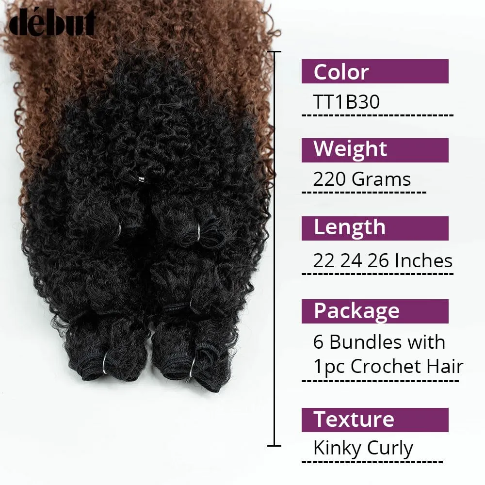 DÉBUT Synthetic Hair 7pcs Kinky Curly 22 24 26 Inches 6 Bundles Tight Curly Hair with 1pc Crochet Hair for Black Women Ombre 1B Auburn Brown Color