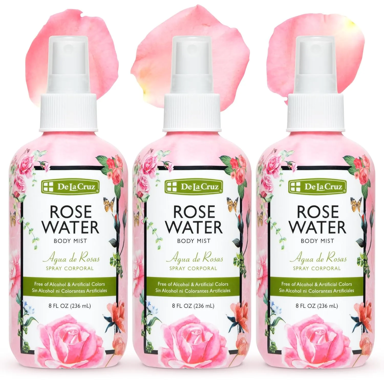 De La Cruz Rose Water Body Mist - Rosewater Spray for Face, Skin and Hair 8 fl oz (3 Bottles)