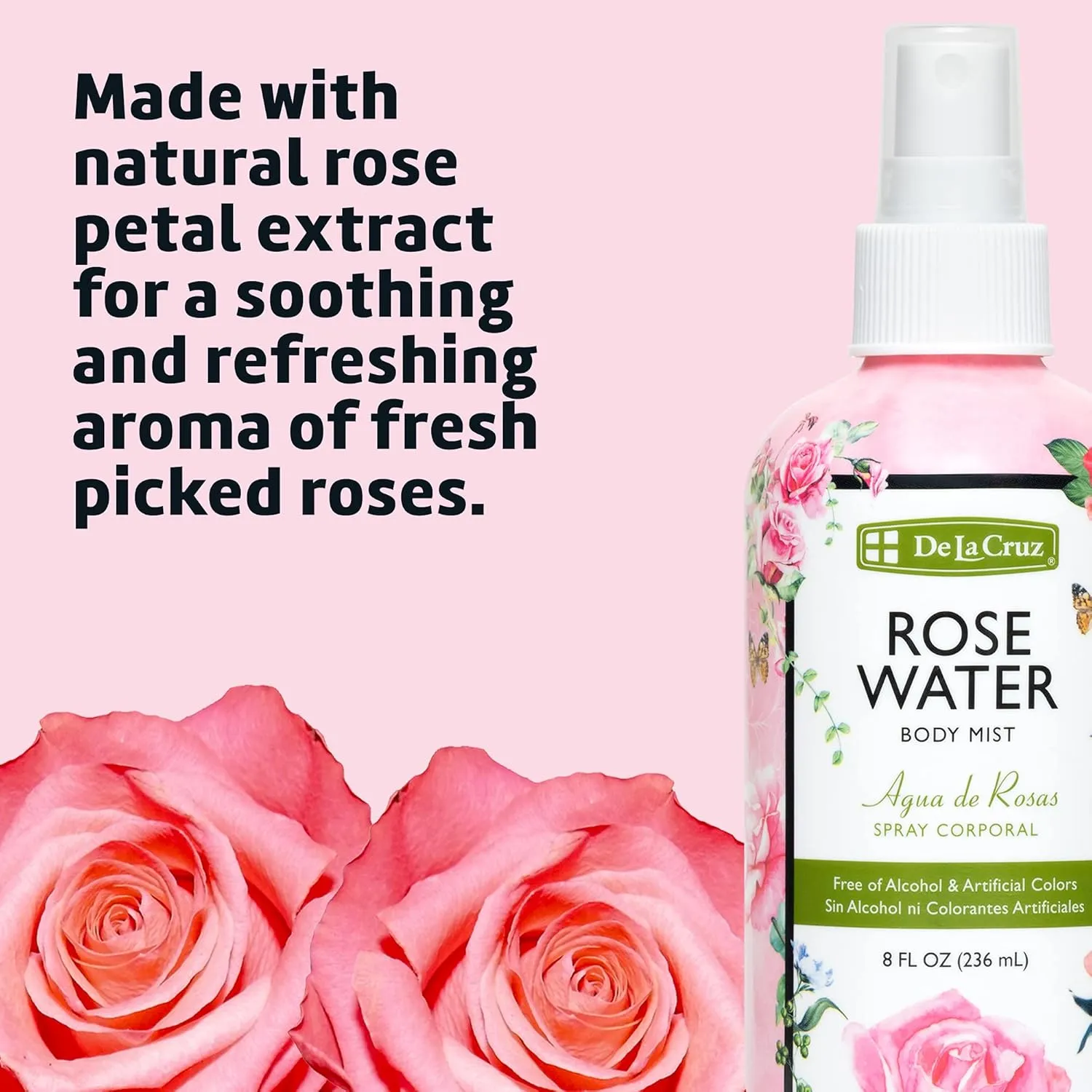 De La Cruz Rose Water Body Mist - Rosewater Spray for Face, Skin and Hair 8 fl oz (3 Bottles)