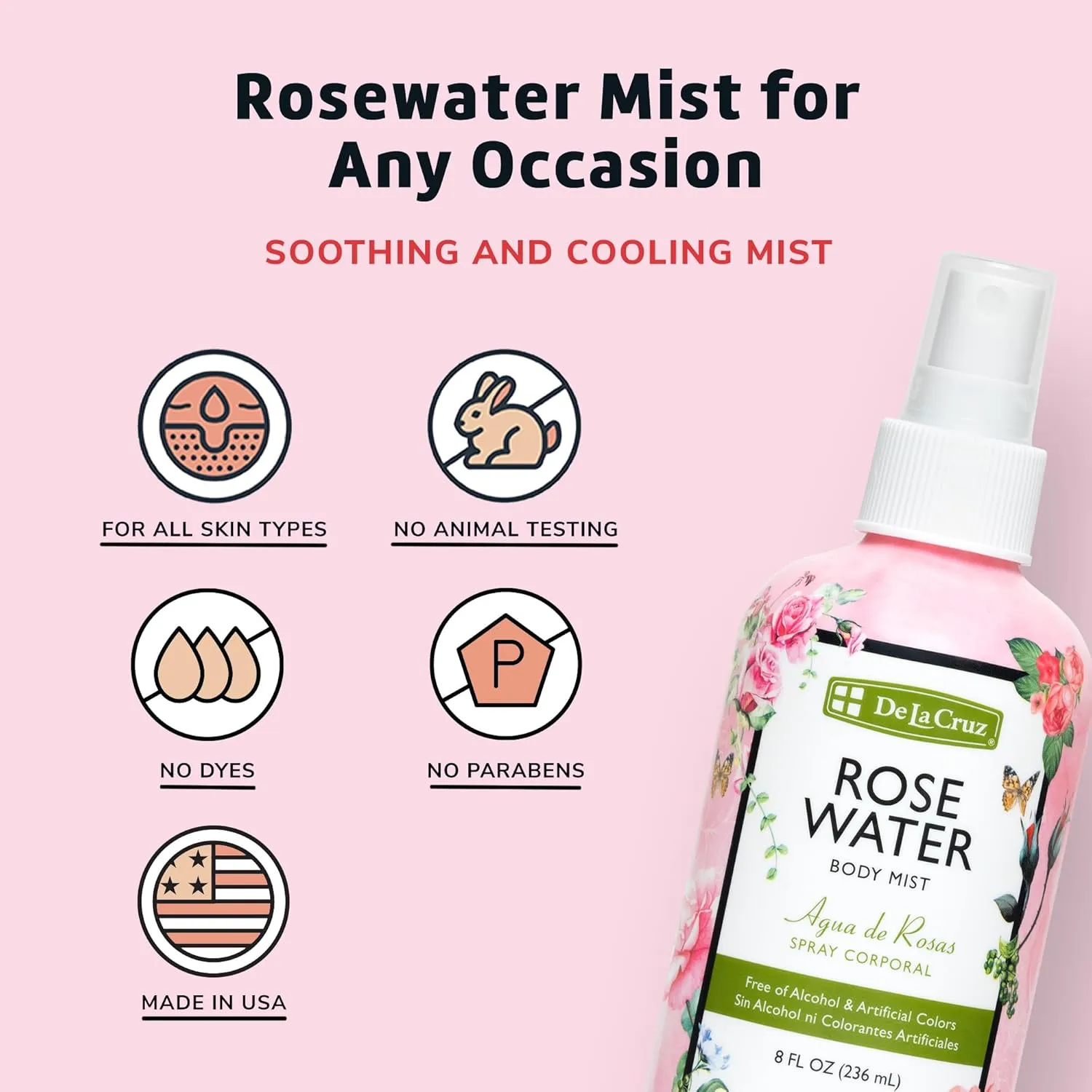 De La Cruz Rose Water Body Mist - Rosewater Spray for Face, Skin and Hair 8 fl oz (3 Bottles)