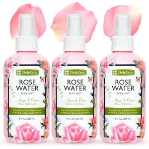 De La Cruz Rose Water Body Mist - Rosewater Spray for Face, Skin and Hair 8 fl oz (3 Bottles)