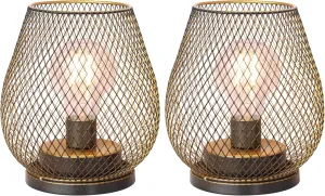 DECORKEY Set of 2 Battery Operated Lamp LED Table Lantern, Golden Metal Cage Cordless Lamps with LED Bulb，Vintage Decorative Outdoor Lantern for Weddings, Parties, Patio, Events for Indoor Shelf Decor