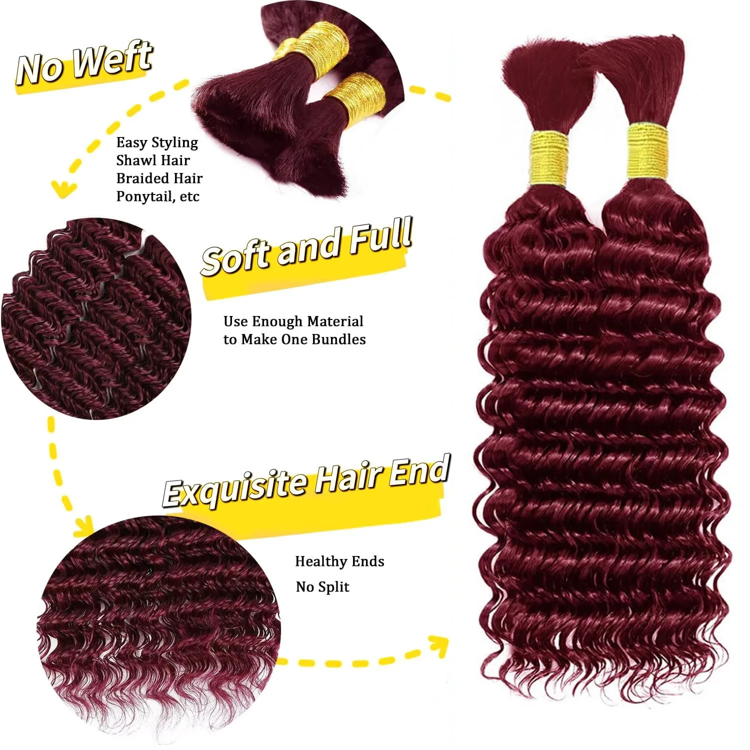 Deep Wave Bulk Human Hair For Braiding 99J Human Braiding Hair No Weft Deep Curly Braiding Hair Extensions 100% Human Hair Bulk for Micro Braids Hair (99j braiding hair, 99j-100g-16inch)
