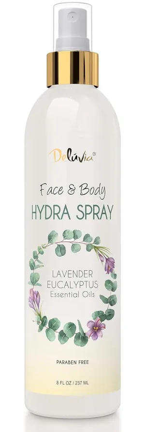 Deluvia Hydra Spray, Moisturizing Body Spray and Face Mist with Essential Oils, Organic Aloe Vera, Dead Sea Salts, Provitamin A, Vitamin C. Alcohol Free, Paraben Free. (Lavender Eucalyptus)