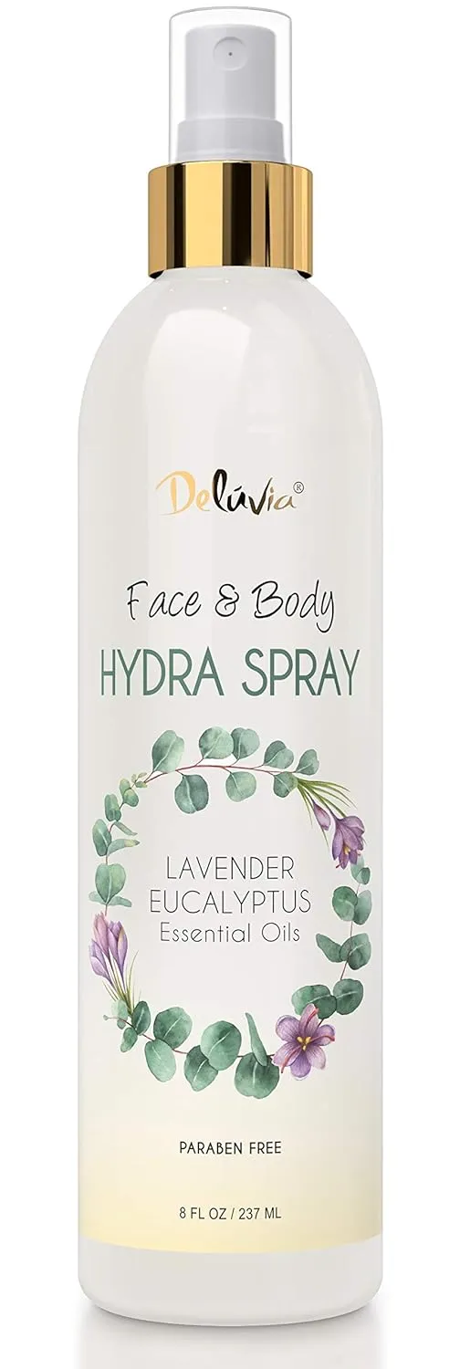 Deluvia Hydra Spray, Moisturizing Body Spray and Face Mist with Essential Oils, Organic Aloe Vera, Dead Sea Salts, Provitamin A, Vitamin C. Alcohol Free, Paraben Free. (Lavender Eucalyptus)