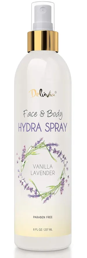 Deluvia Hydra Spray, Moisturizing Body Spray and Face Mist with Essential Oils, Organic Aloe Vera, Dead Sea Salts, Provitamin A, Vitamin C. Alcohol Free, Paraben Free. (Vanilla Lavender)
