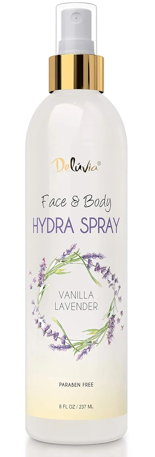 Deluvia Hydra Spray, Moisturizing Body Spray and Face Mist with Essential Oils, Organic Aloe Vera, Dead Sea Salts, Provitamin A, Vitamin C. Alcohol Free, Paraben Free. (Vanilla Lavender)