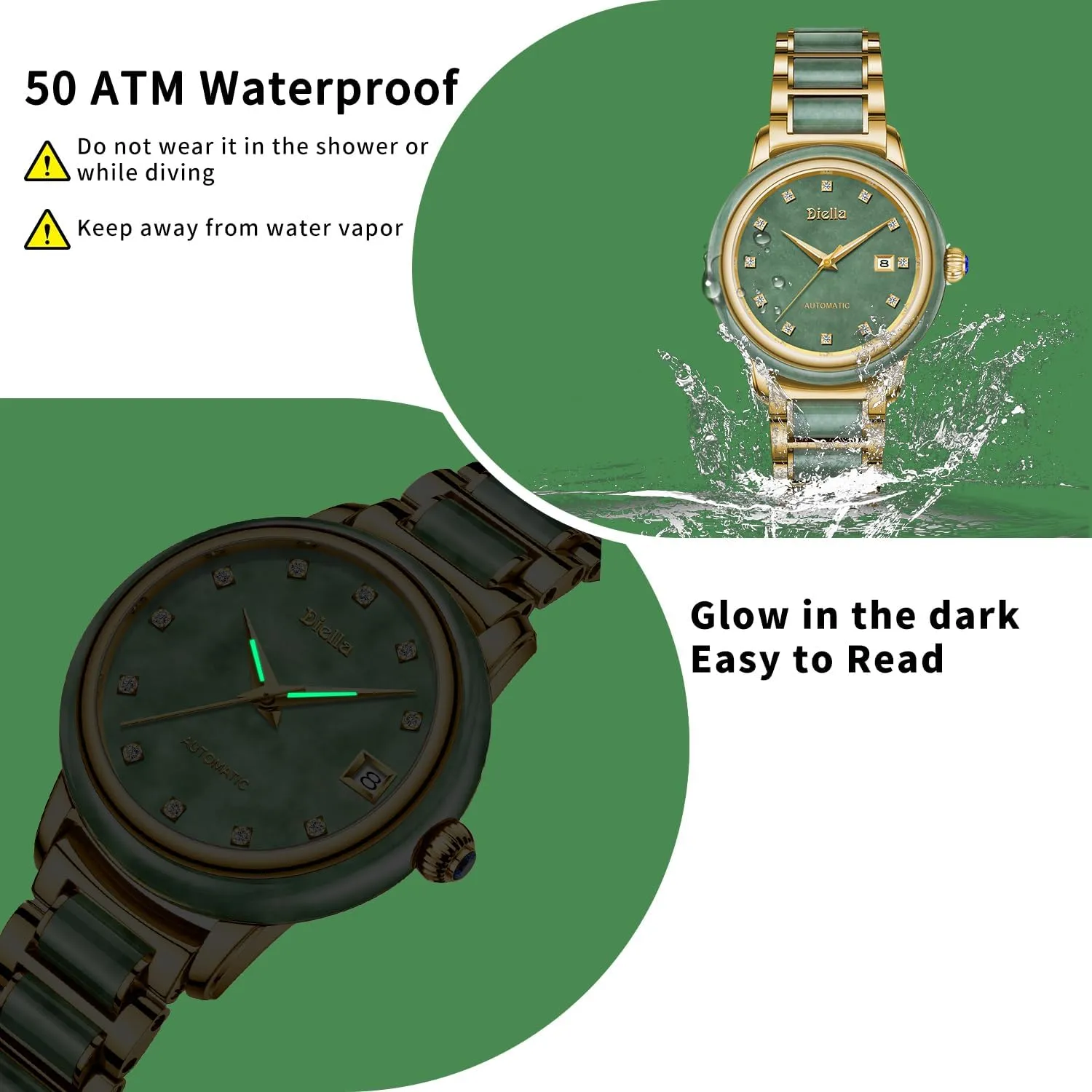 Diella Automatic Watches for Men and Women,Luxury Jade Wrist Dress Watch with Luminous Display,Waterproof