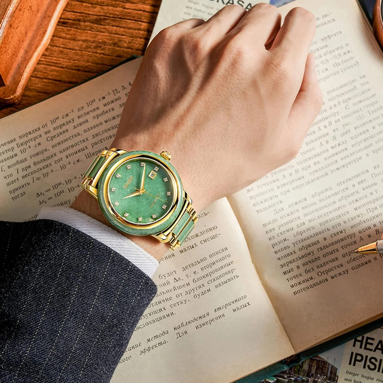 Diella Automatic Watches for Men and Women,Luxury Jade Wrist Dress Watch with Luminous Display,Waterproof