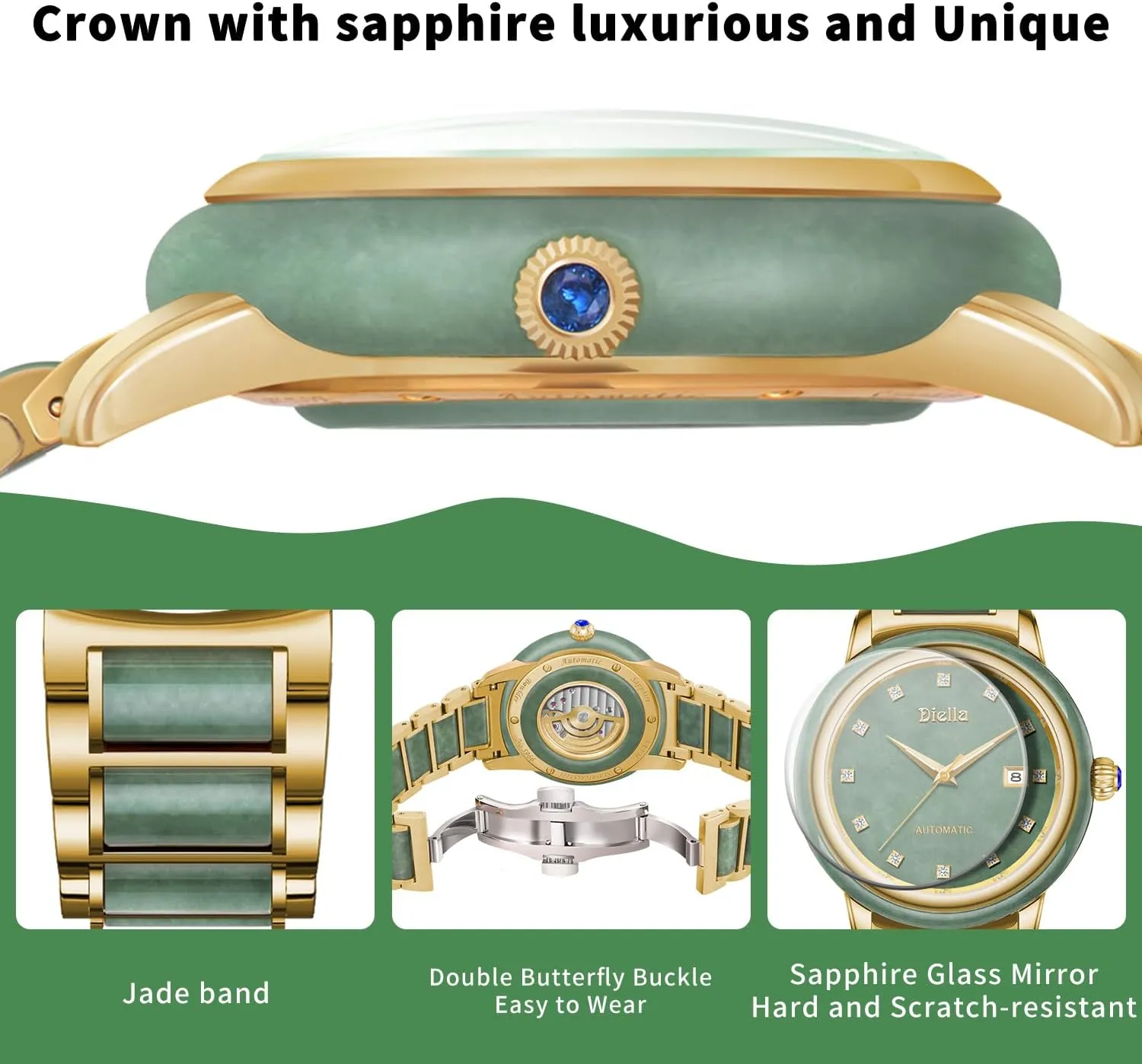 Diella Automatic Watches for Men and Women,Luxury Jade Wrist Dress Watch with Luminous Display,Waterproof