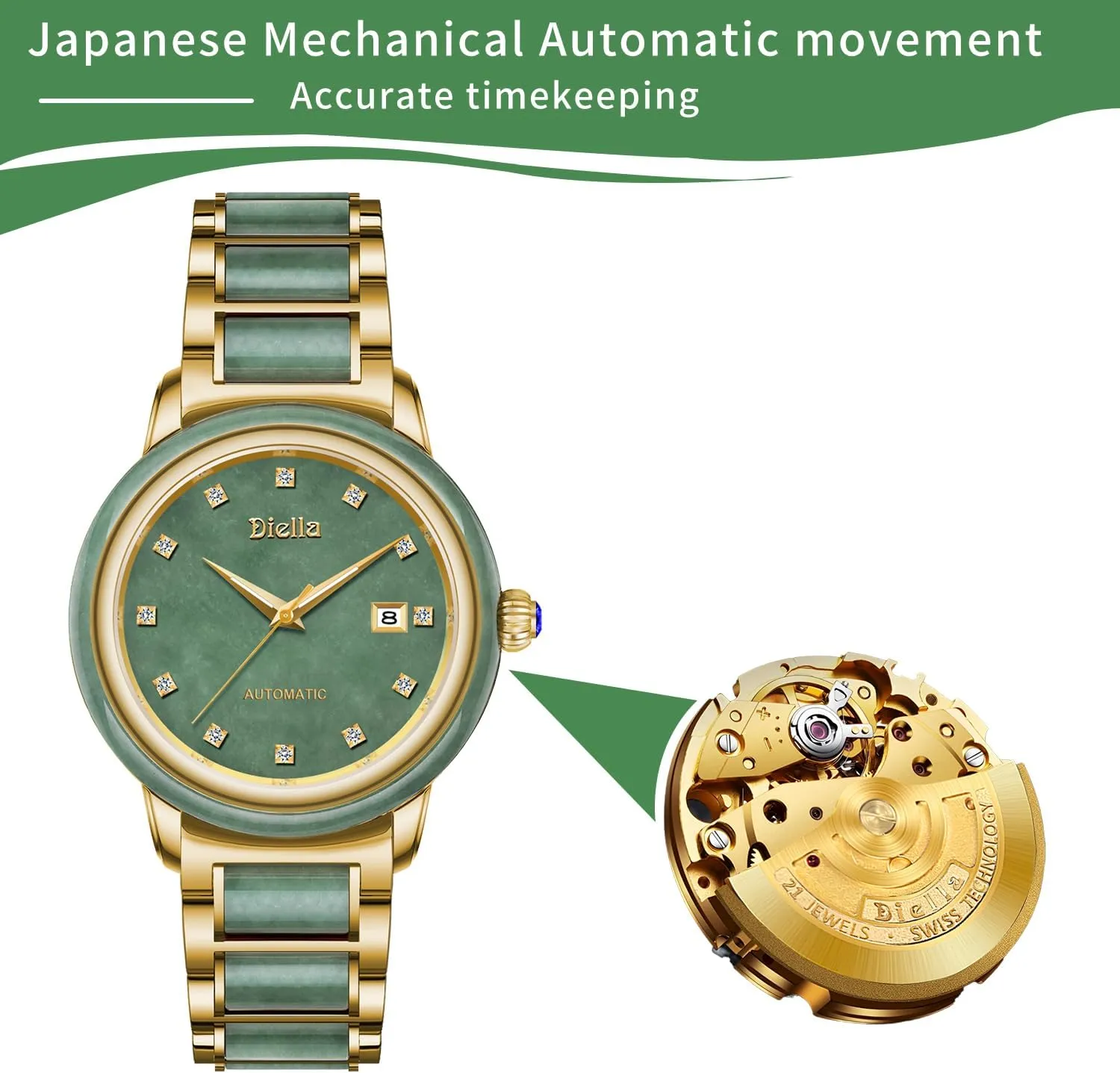 Diella Automatic Watches for Men and Women,Luxury Jade Wrist Dress Watch with Luminous Display,Waterproof