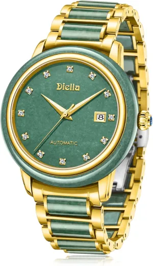 Diella Automatic Watches for Men and Women,Luxury Jade Wrist Dress Watch with Luminous Display,Waterproof