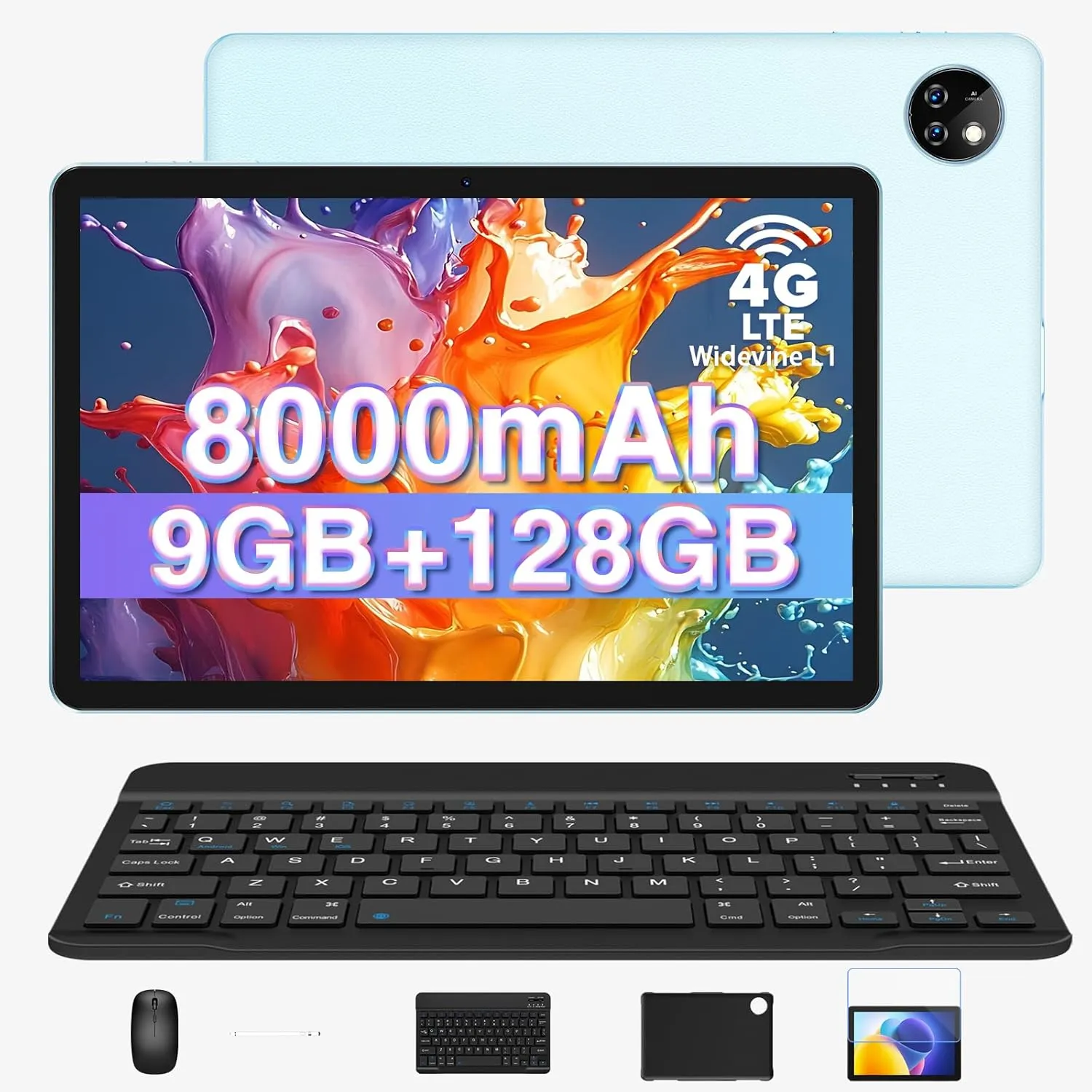 DOOGEE T10W Tablet with Keyboard,4G LTE Tablet,8000mAh Battery,128GB/1TB TF,Quad Core,Dual Camera,2.4G/5G WiFi,Keyboard and Mouse-Blue