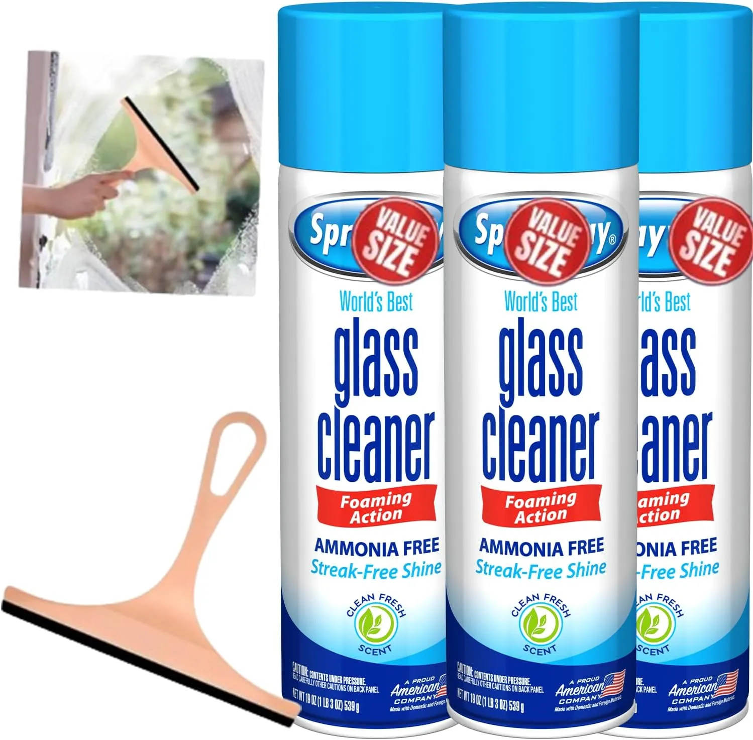 Doomi Glass Cleaner Spray, Window Cleaner, Foam Action, 19 Fl Oz, 3 Pack, Plus 1 Window Squeegee, The Powerful Streakless Cleaning!