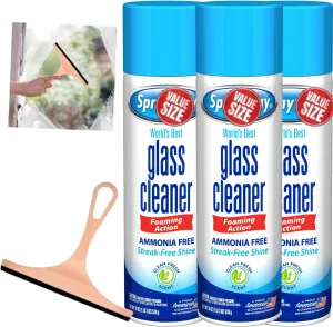 Doomi Glass Cleaner Spray, Window Cleaner, Foam Action, 19 Fl Oz, 3 Pack, Plus 1 Window Squeegee, The Powerful Streakless Cleaning!