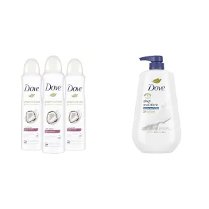 Dove Advanced Care Dry Spray Antiperspirant Deodorant Caring Coconut 3 Count & Dove Body Wash with Pump Deep Moisture For Dry Skin Moisturizing Skin Cleanser