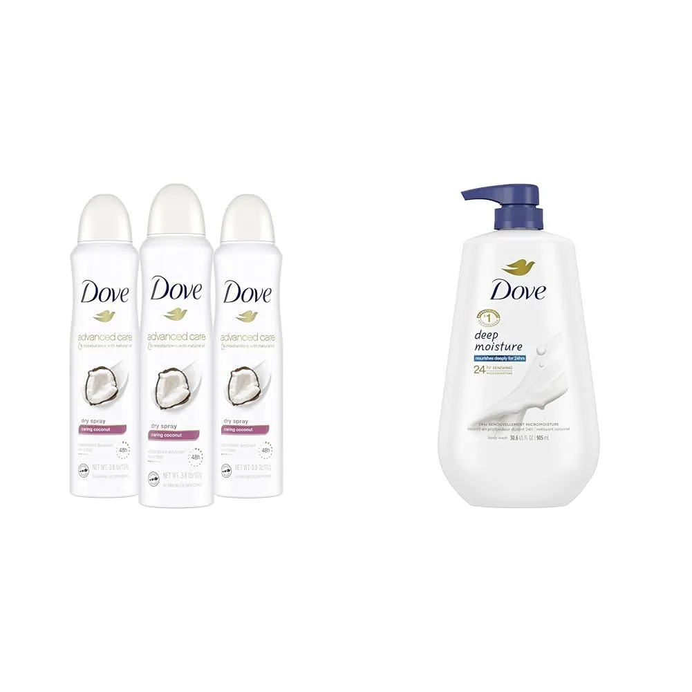 Dove Advanced Care Dry Spray Antiperspirant Deodorant Caring Coconut 3 Count & Dove Body Wash with Pump Deep Moisture For Dry Skin Moisturizing Skin Cleanser
