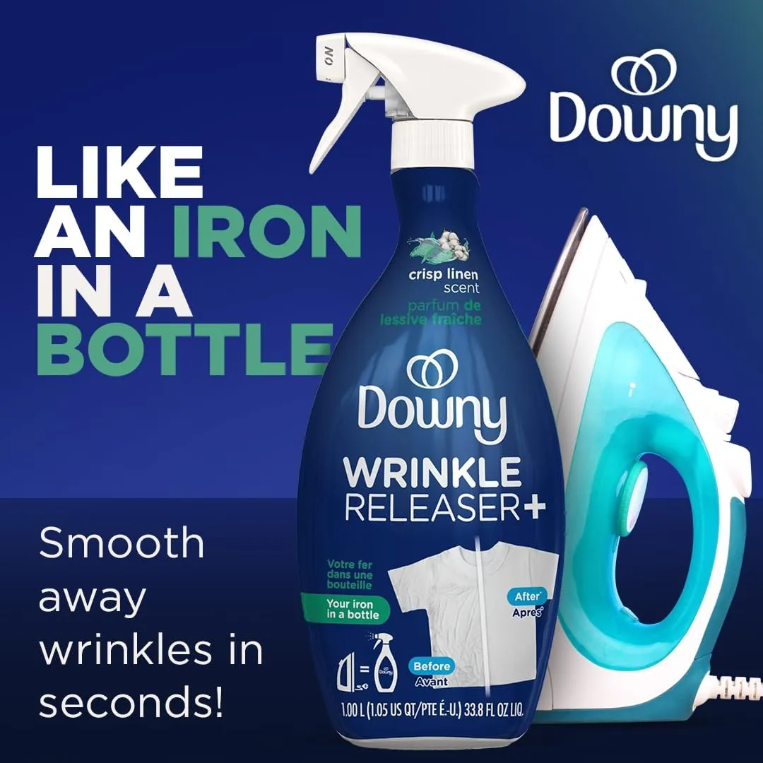 Downy Wrinkle Releaser Spray | All In One Wrinkle Release Spray, Odor Eliminator, Static Remover | Fabric Refresher & Ironing Aid for Clothes | 16.9 Fl Oz (Pack of 2) & 3 FL Oz, Crisp Linen Scent