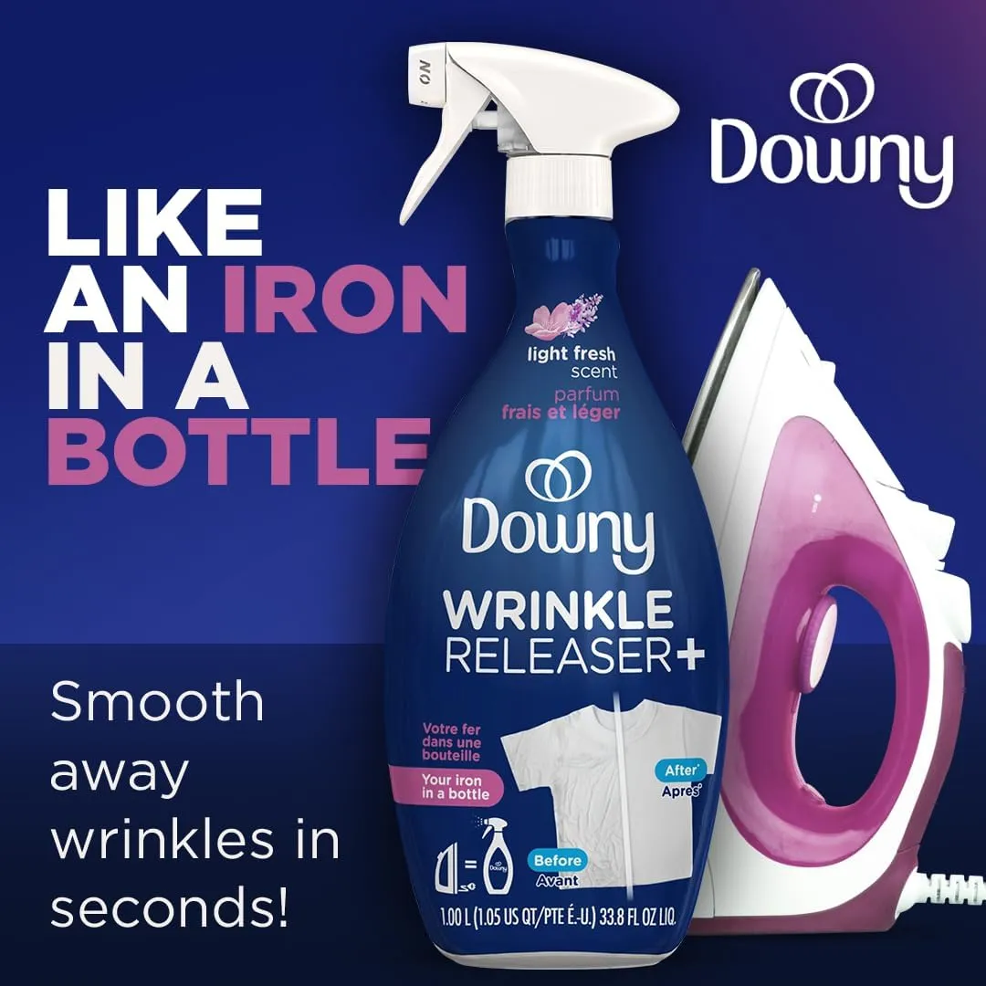 Downy Wrinkle Releaser Spray, Travel Size Spray   16.9 Fl Oz Pack of 2, All In One Formula, Removes Wrinkles, Static and Odors, Light Fresh Scent