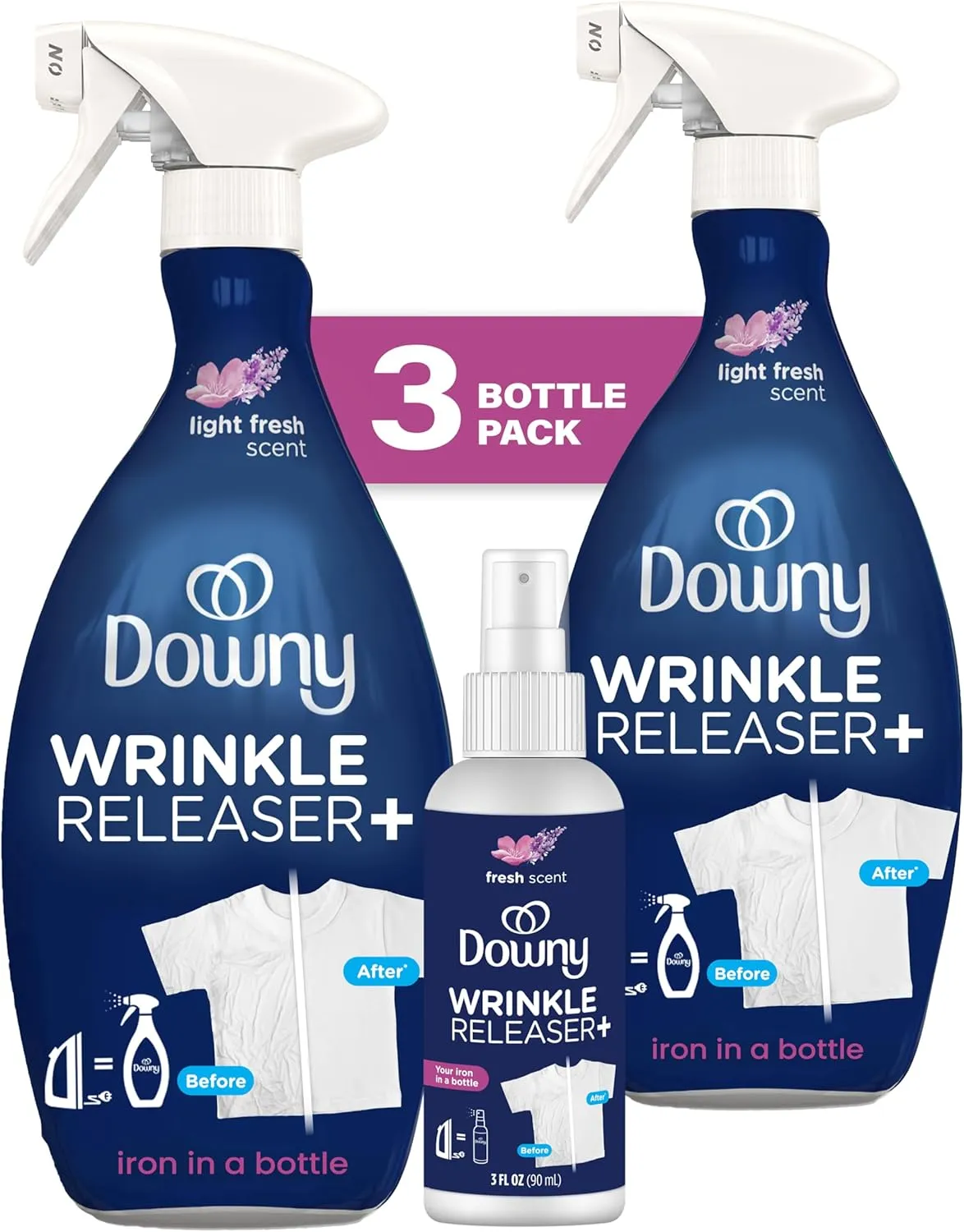 Downy Wrinkle Releaser Spray, Travel Size Spray   16.9 Fl Oz Pack of 2, All In One Formula, Removes Wrinkles, Static and Odors, Light Fresh Scent