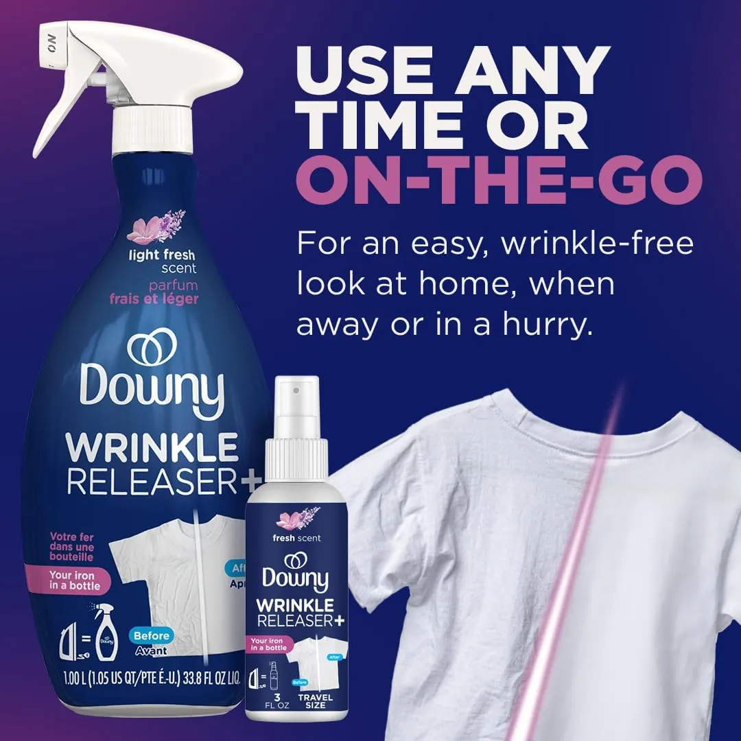 Downy Wrinkle Releaser Spray, Travel Size Spray   16.9 Fl Oz Pack of 2, All In One Formula, Removes Wrinkles, Static and Odors, Light Fresh Scent