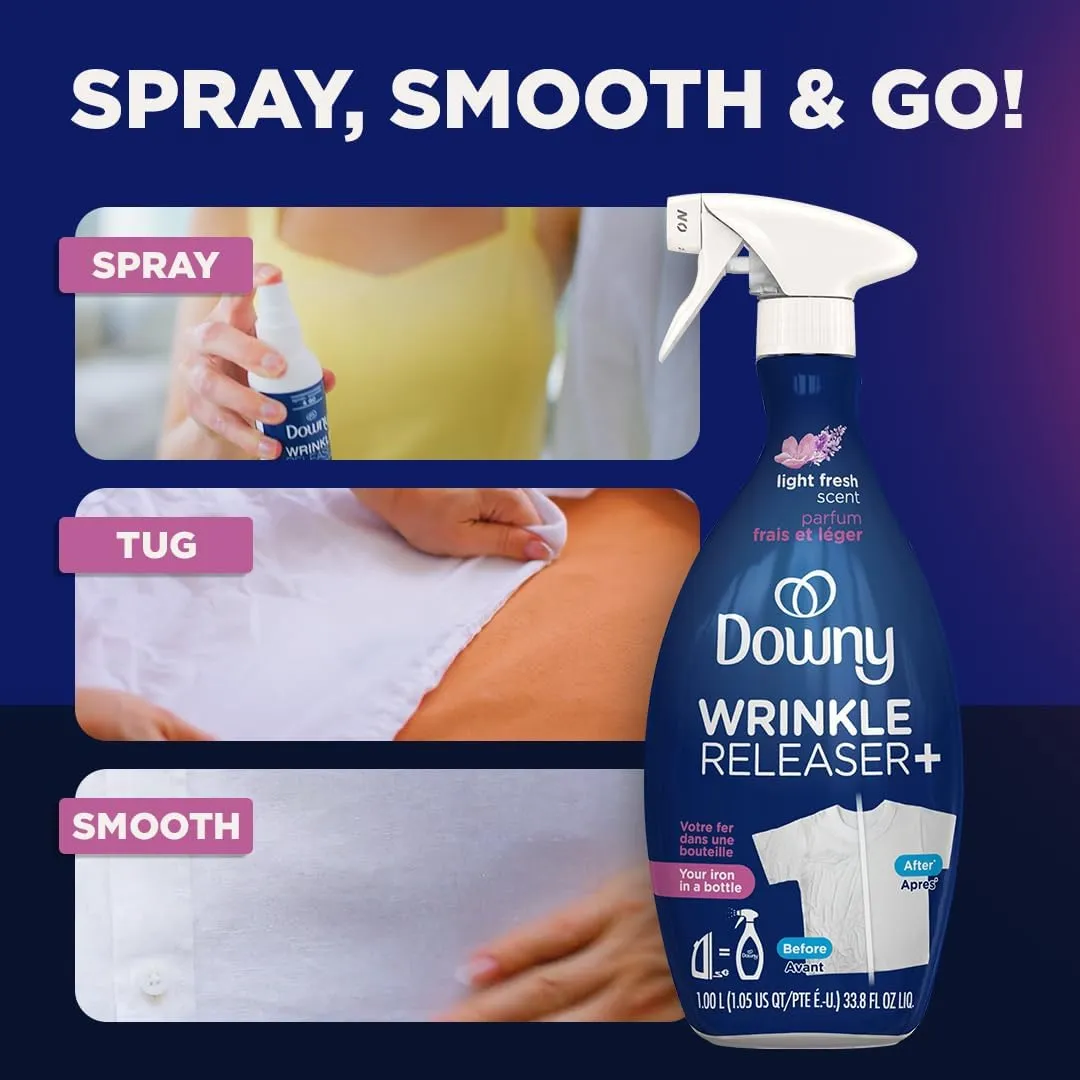 Downy Wrinkle Releaser Spray, Travel Size Spray   16.9 Fl Oz Pack of 2, All In One Formula, Removes Wrinkles, Static and Odors, Light Fresh Scent