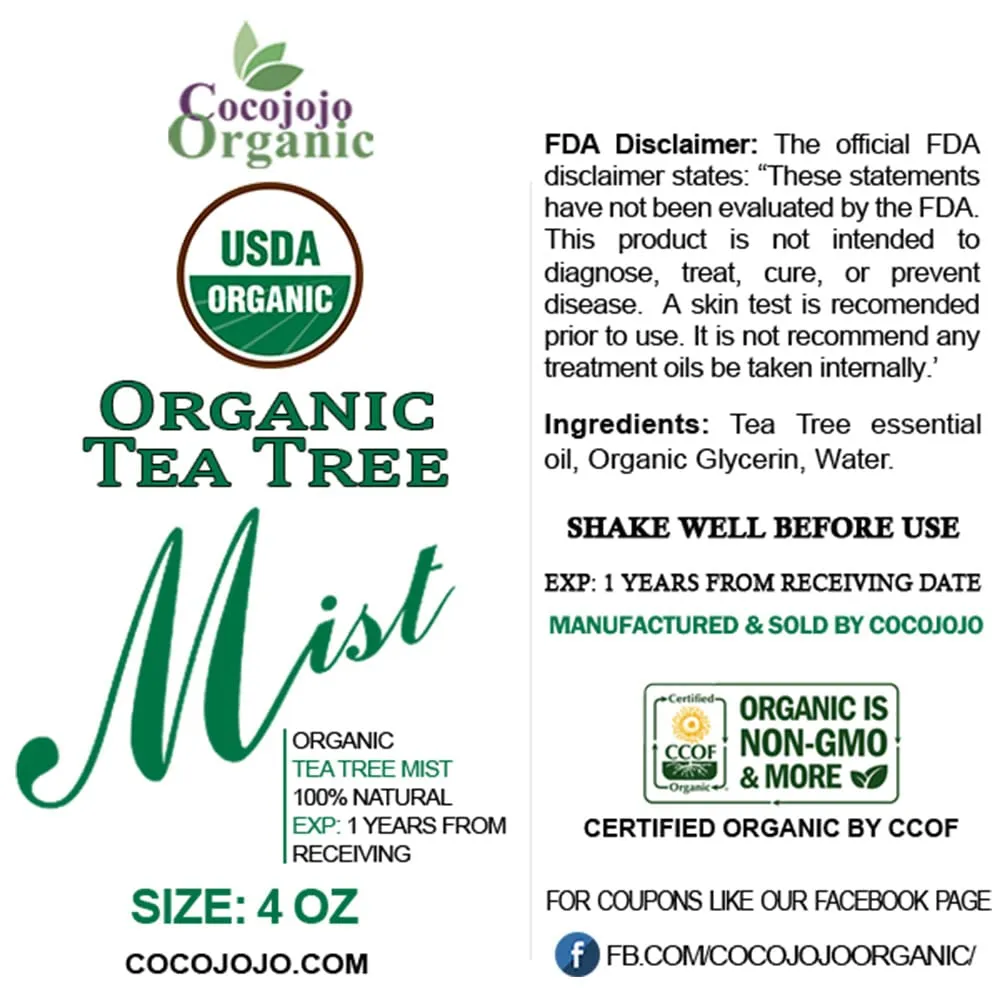 Dr Joe Lab Organic Tea Tree Mist For Skincare - USDA Certified - 4 oz- Face Spray - Soothing & Relaxing -Pure Essential Oil & Glycerin and Body Spray.