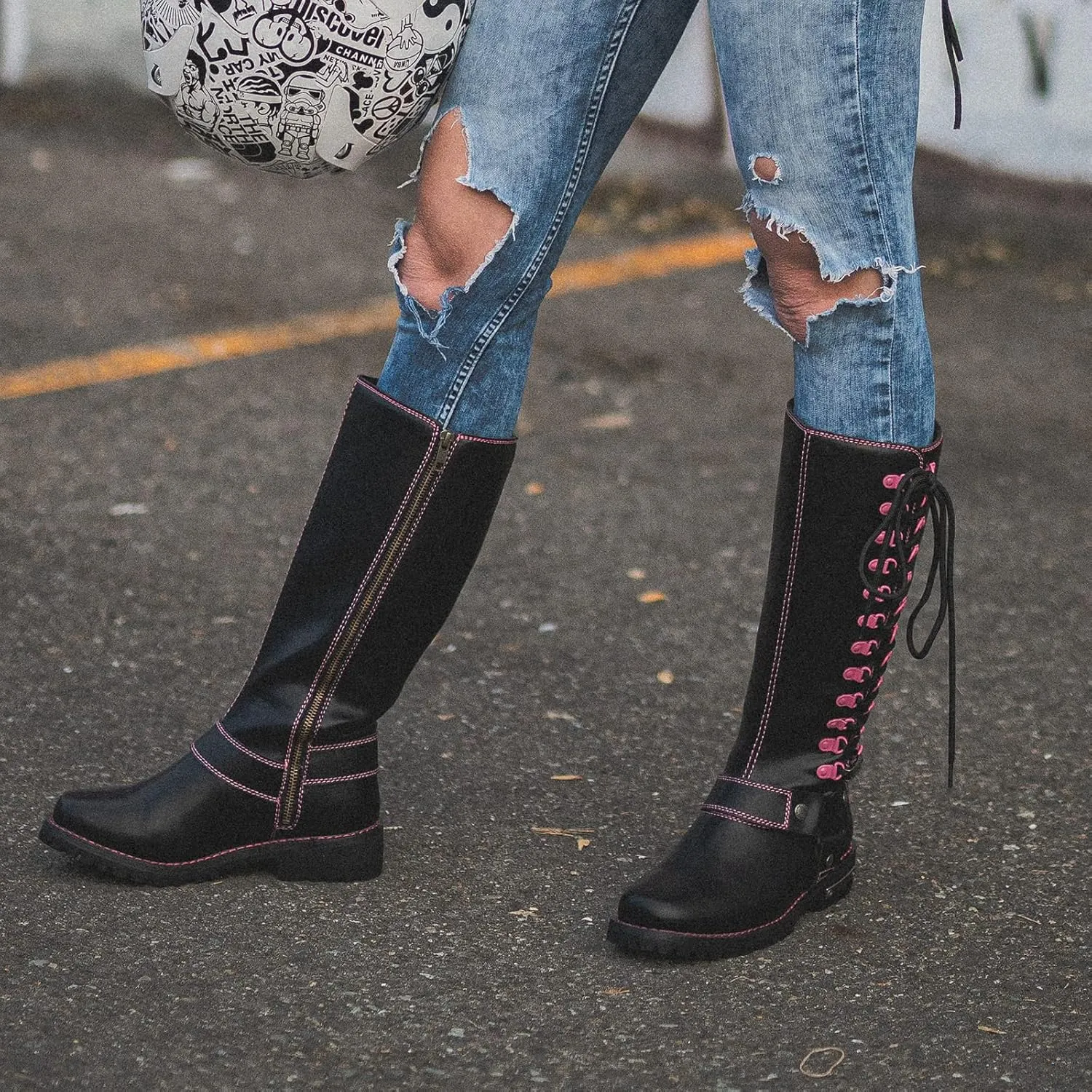 Dream Apparel Women's Harness Motorcycle Riding Boots for Biker, Square Toe Lace Up Knee High Boots with Side Zipper, Black PU Leather Footwear Ladies
