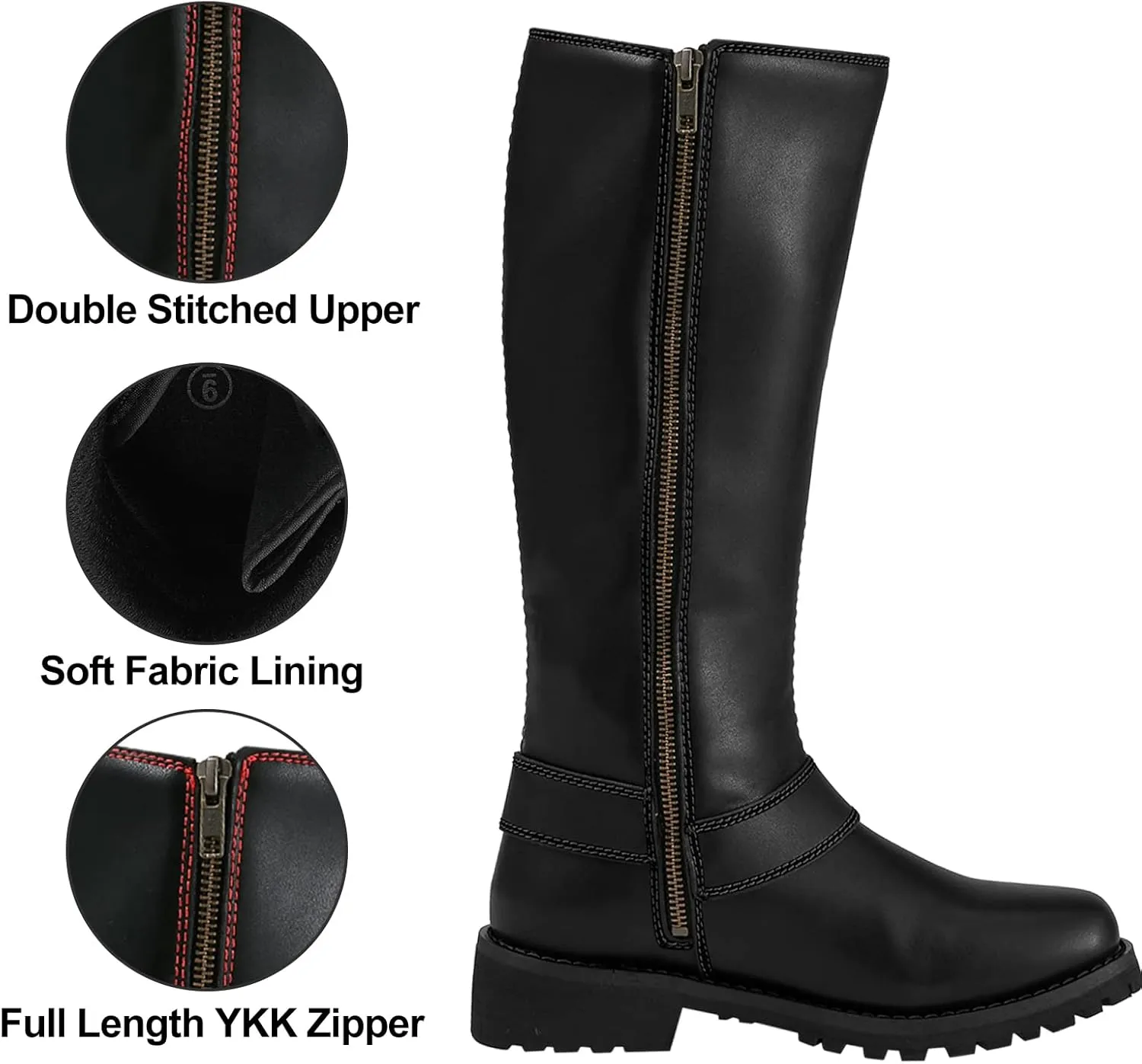 Dream Apparel Women's Harness Motorcycle Riding Boots for Biker, Square Toe Lace Up Knee High Boots with Side Zipper, Black PU Leather Footwear Ladies