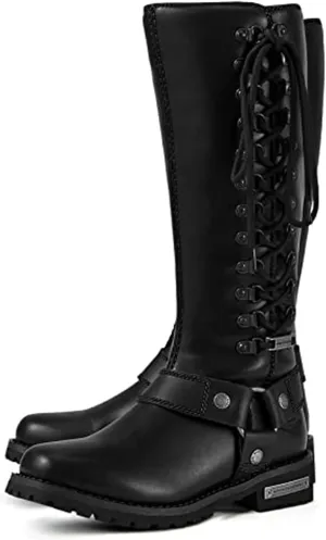Dream Apparel Women's Harness Motorcycle Riding Boots for Biker, Square Toe Lace Up Knee High Boots with Side Zipper, Black PU Leather Footwear Ladies
