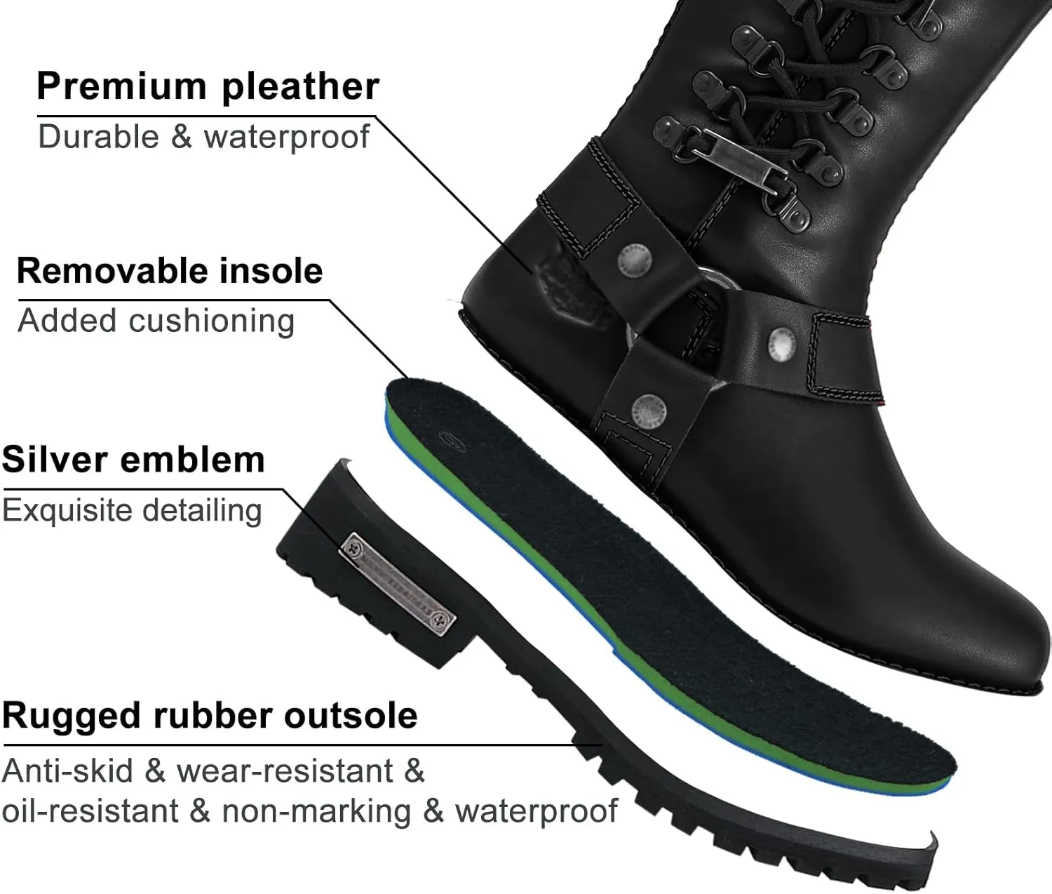 Dream Apparel Women's Harness Motorcycle Riding Boots for Biker, Square Toe Lace Up Knee High Boots with Side Zipper, Black PU Leather Footwear Ladies