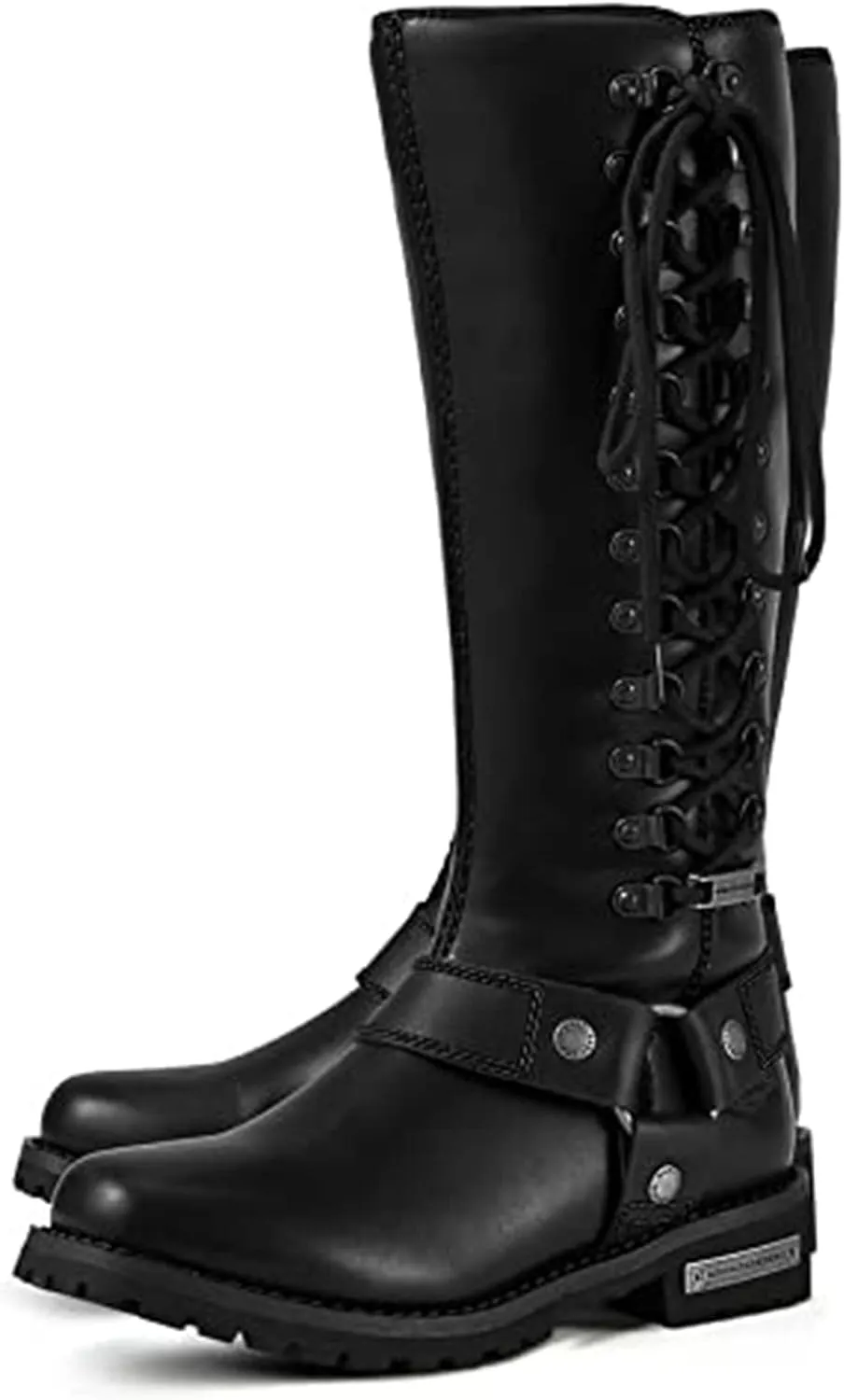Dream Apparel Women's Harness Motorcycle Riding Boots for Biker, Square Toe Lace Up Knee High Boots with Side Zipper, Black PU Leather Footwear Ladies
