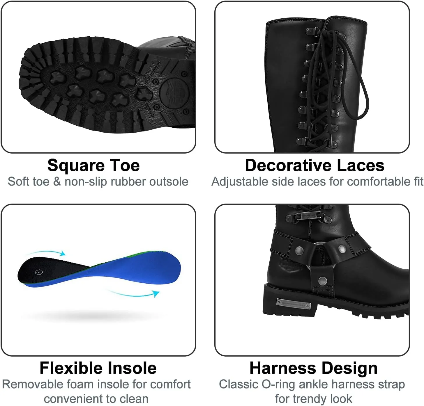 Dream Apparel Women's Harness Motorcycle Riding Boots for Biker, Square Toe Lace Up Knee High Boots with Side Zipper, Black PU Leather Footwear Ladies