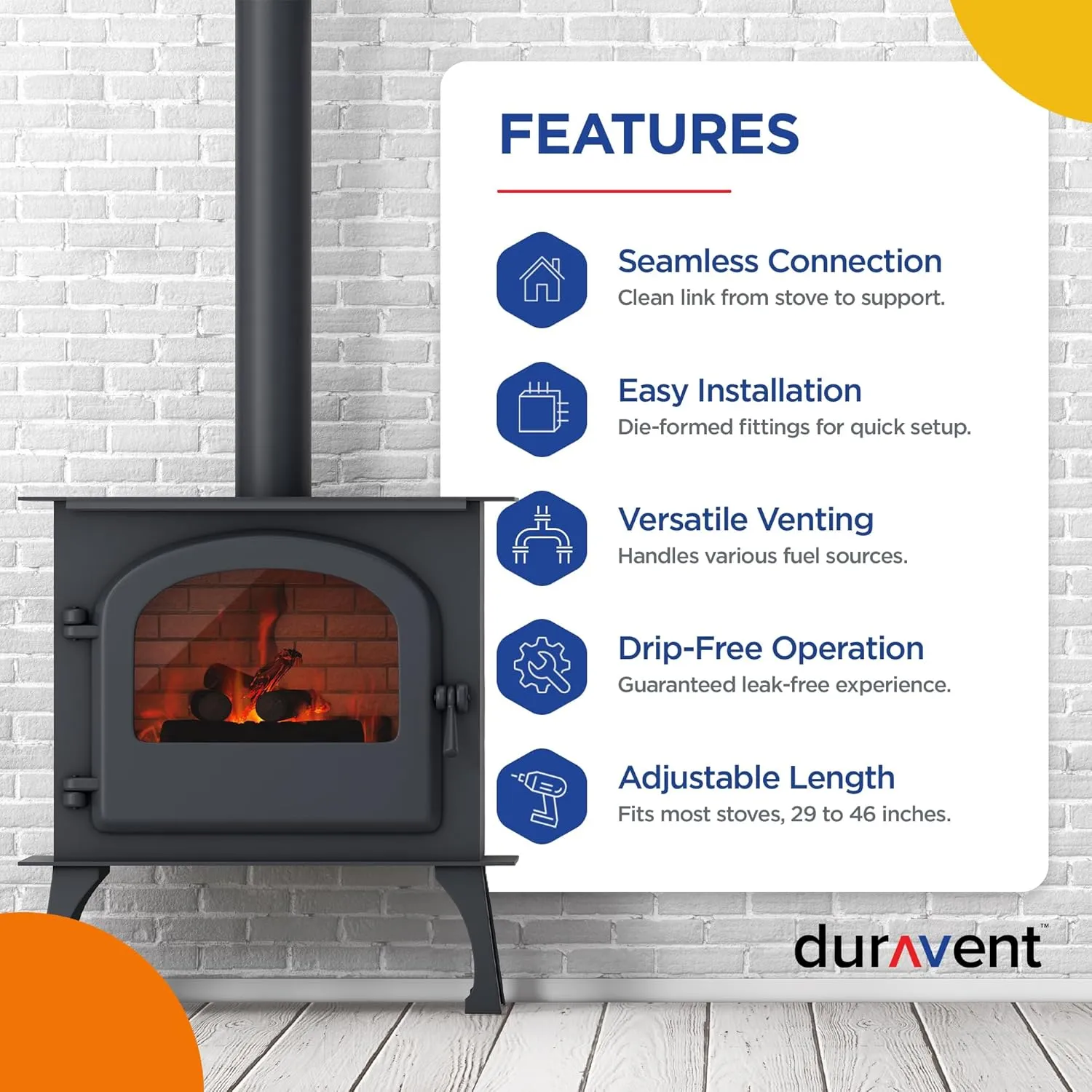 DuraVent 6 Inch Adjustable Lightweight Stainless Steel Double Wall Wood Burning Stove Pipe Connector to Vent Smoke or Exhaust, Black