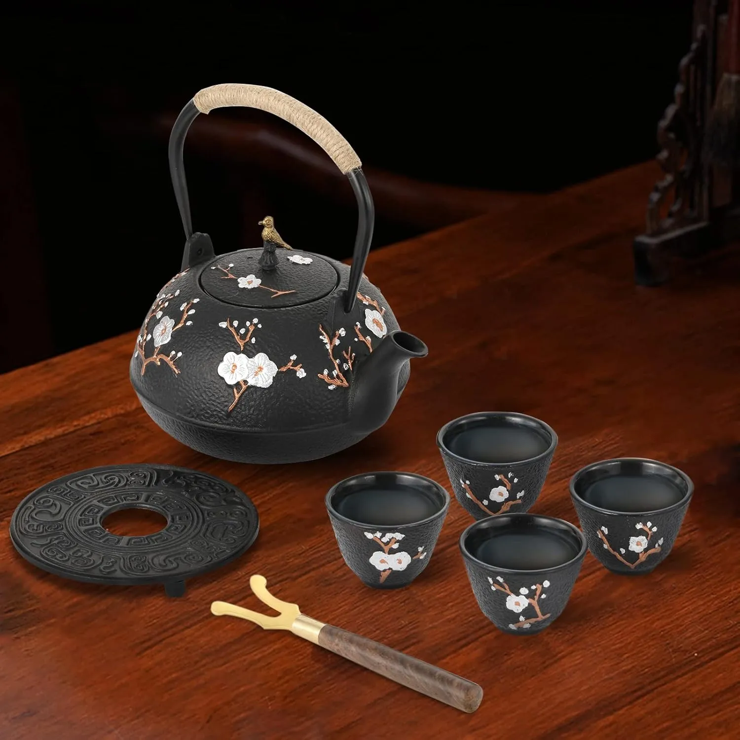 Dyna-Living Cast Iron Teapot Set 1200ml/40.6oz Cast Iron Tea Kettle with Infuser for Stovetop Japanese Style Tea Pot Set with 4 Tea Cups Home Use Japanese Teapot Cast Iron for Festivals Gifts