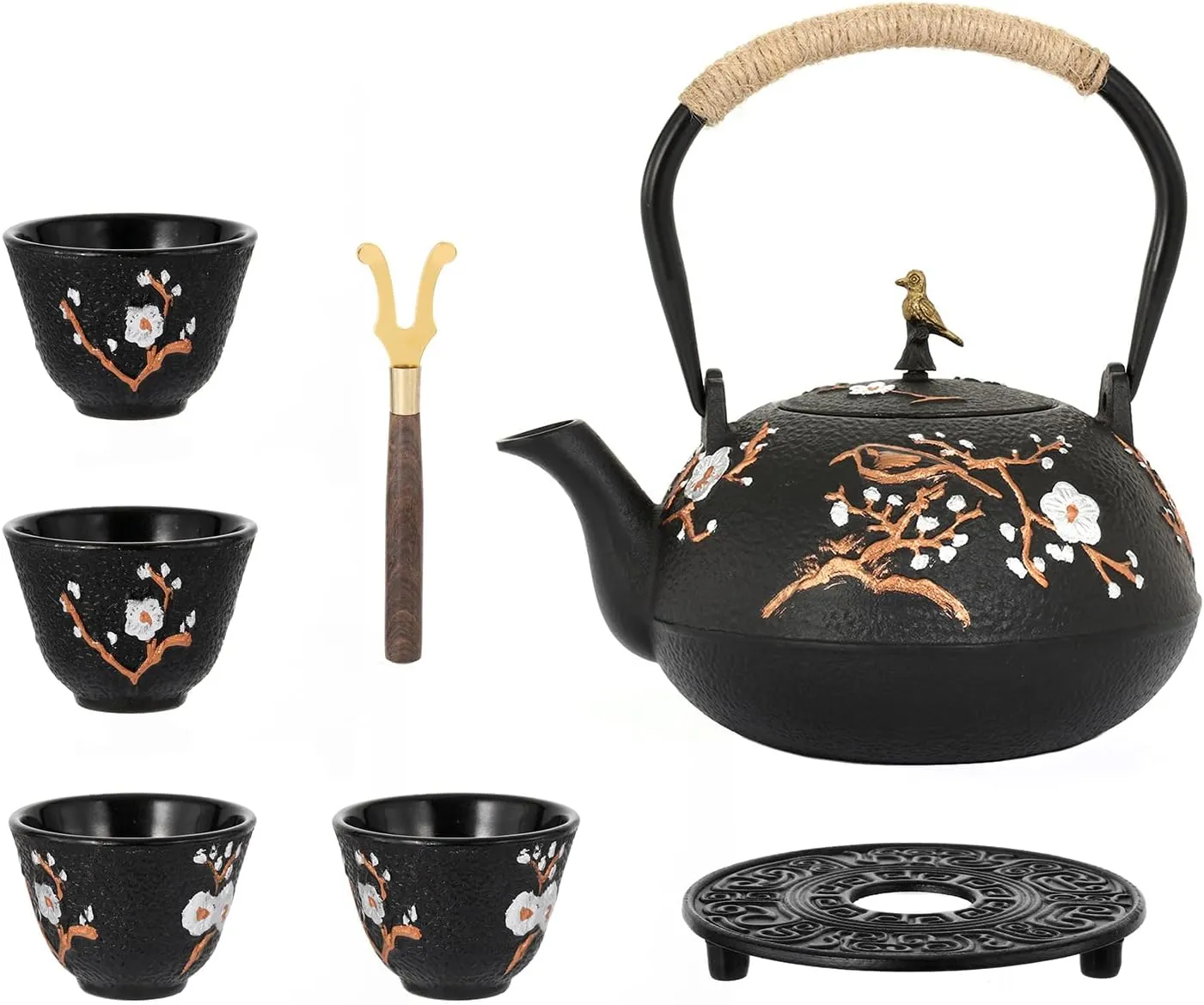 Dyna-Living Cast Iron Teapot Set 1200ml/40.6oz Cast Iron Tea Kettle with Infuser for Stovetop Japanese Style Tea Pot Set with 4 Tea Cups Home Use Japanese Teapot Cast Iron for Festivals Gifts