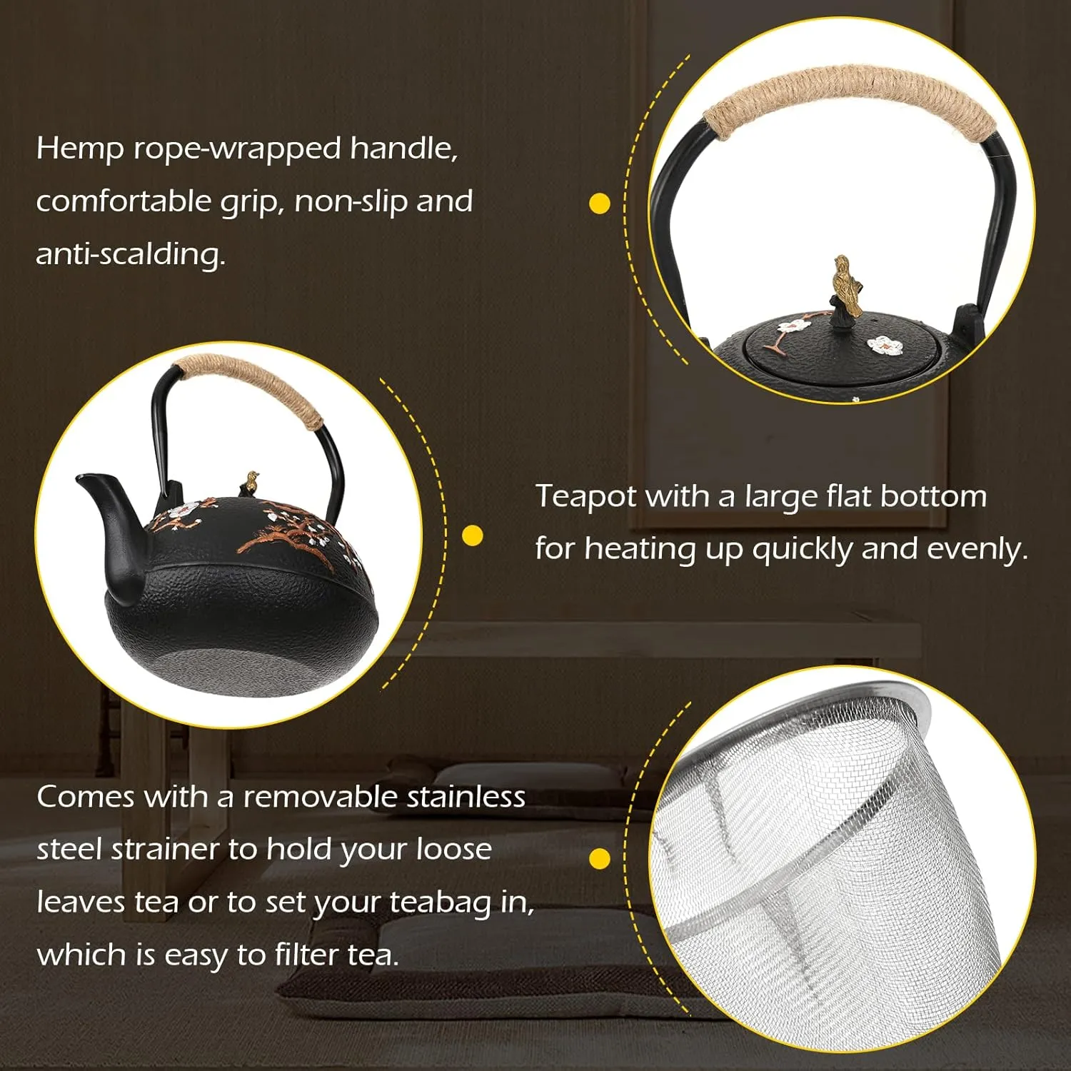 Dyna-Living Cast Iron Teapot Set 1200ml/40.6oz Cast Iron Tea Kettle with Infuser for Stovetop Japanese Style Tea Pot Set with 4 Tea Cups Home Use Japanese Teapot Cast Iron for Festivals Gifts