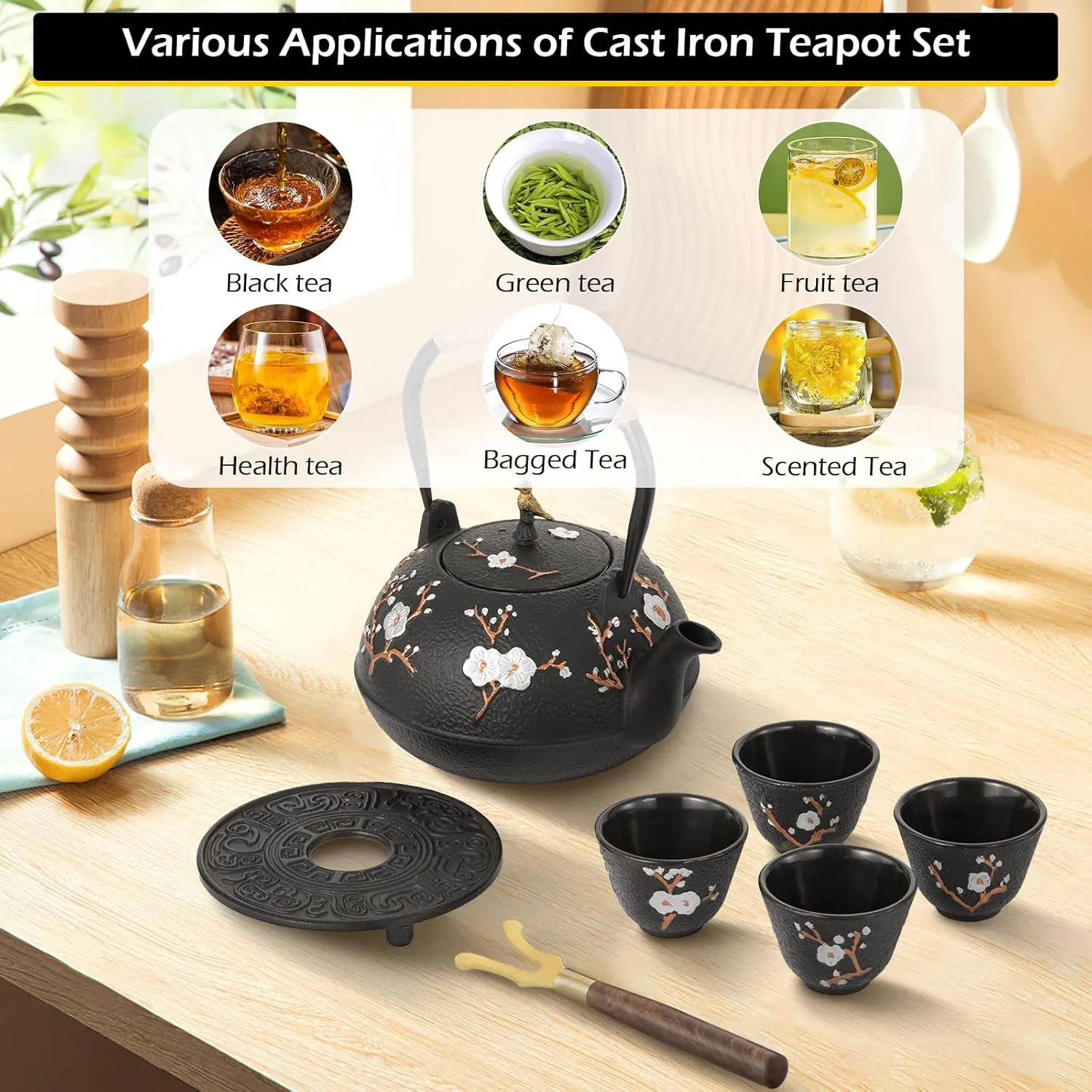Dyna-Living Cast Iron Teapot Set 1200ml/40.6oz Cast Iron Tea Kettle with Infuser for Stovetop Japanese Style Tea Pot Set with 4 Tea Cups Home Use Japanese Teapot Cast Iron for Festivals Gifts
