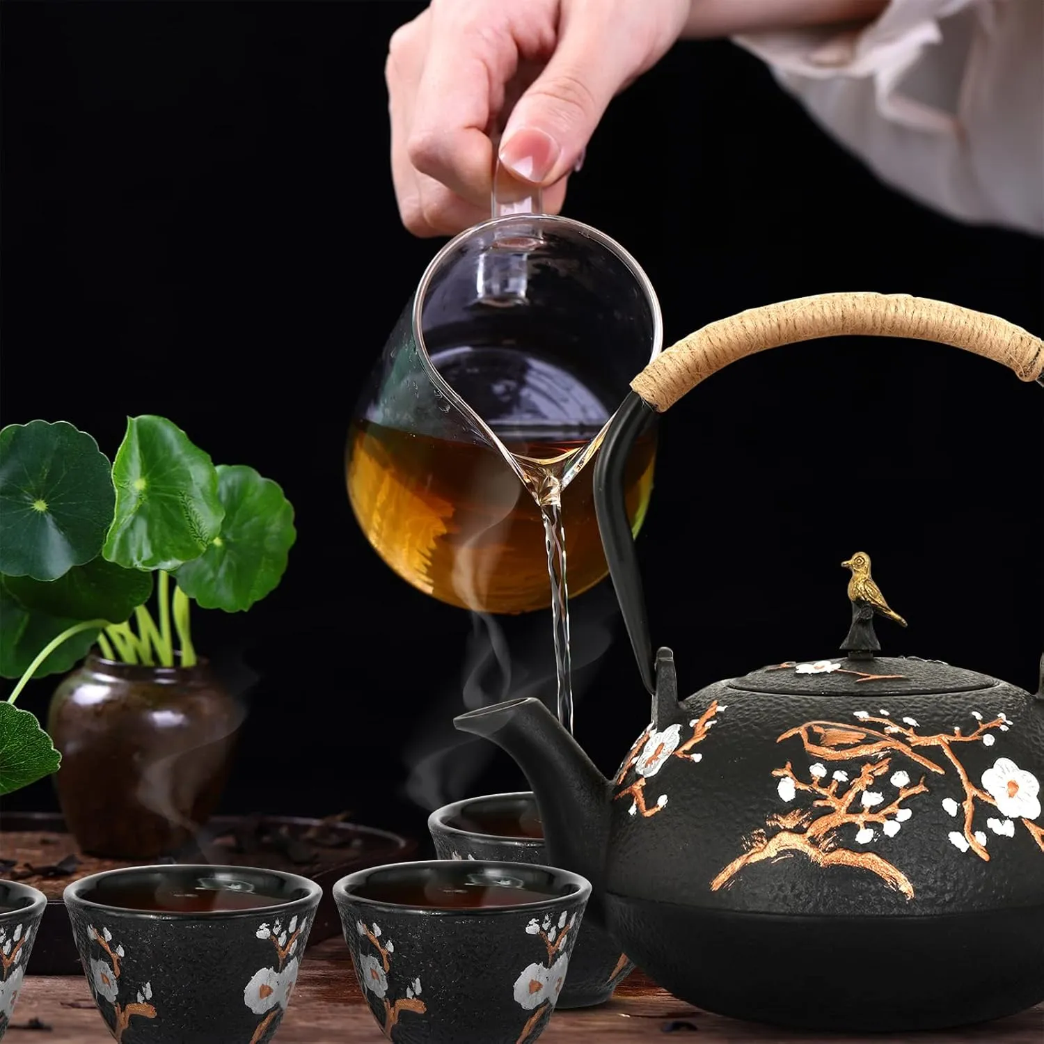 Dyna-Living Cast Iron Teapot Set 1200ml/40.6oz Cast Iron Tea Kettle with Infuser for Stovetop Japanese Style Tea Pot Set with 4 Tea Cups Home Use Japanese Teapot Cast Iron for Festivals Gifts